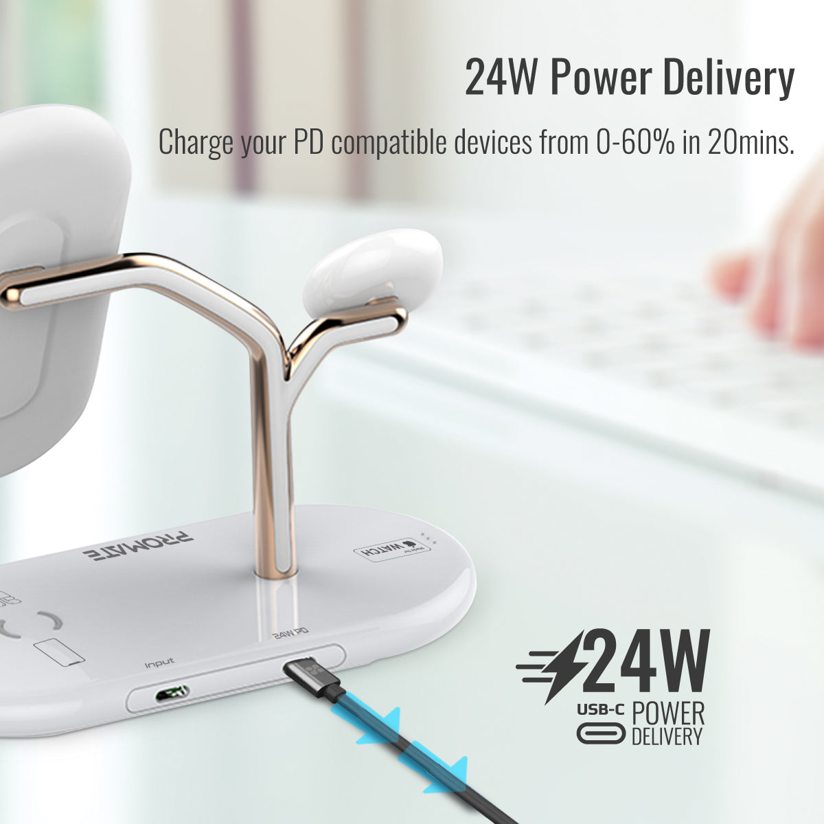 Promate Wireless Charging Station, 4-in-1 Charging Dock with 5W Magnetic MFi Apple Watch Charger, 15W Qi Charging Stand, 24W USB-C Power Delivery Port and 5W/10W Qi Charging Pad, Bonsai Gold