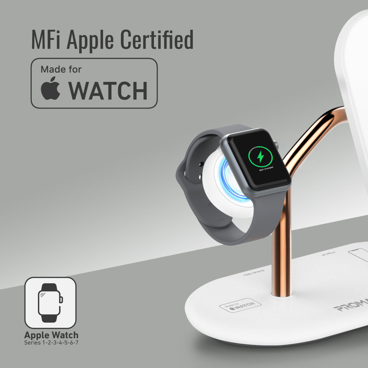 Promate Wireless Charging Station, 4-in-1 Charging Dock with 5W Magnetic MFi Apple Watch Charger, 15W Qi Charging Stand, 24W USB-C Power Delivery Port and 5W/10W Qi Charging Pad, Bonsai Gold