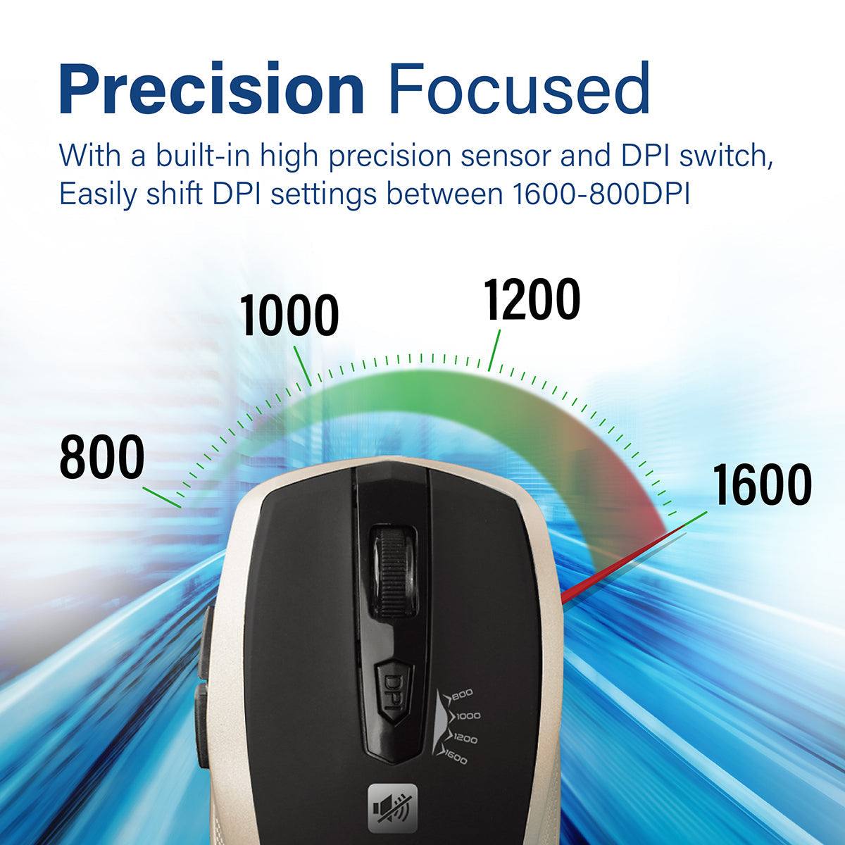 Promate 1600DPI Silent Mouse, Ergonomic Symmetric 2.4Ghz Cordless Silent Keys Mouse with, Long Battery Life, Optical Sensor, 6 Functional Buttons and Nano Receiver for Mac OS, Windows, Breeze Gold