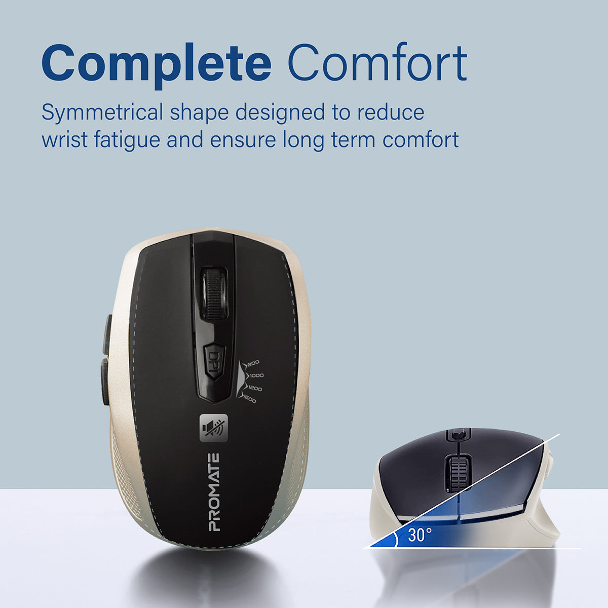 Promate 1600DPI Silent Mouse, Ergonomic Symmetric 2.4Ghz Cordless Silent Keys Mouse with, Long Battery Life, Optical Sensor, 6 Functional Buttons and Nano Receiver for Mac OS, Windows, Breeze Gold