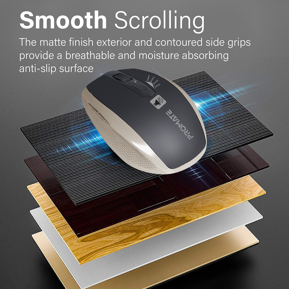Promate 1600DPI Silent Mouse, Ergonomic Symmetric 2.4Ghz Cordless Silent Keys Mouse with, Long Battery Life, Optical Sensor, 6 Functional Buttons and Nano Receiver for Mac OS, Windows, Breeze Gold