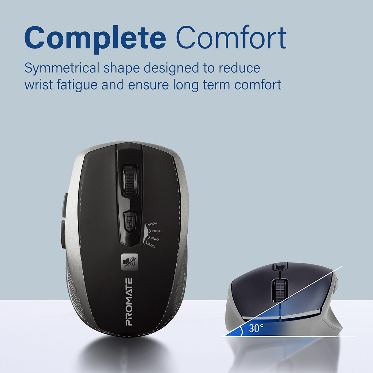 Promate 1600DPI Silent Mouse, Ergonomic Symmetric 2.4Ghz Cordless Silent Keys Mouse with, Long Battery Life, Optical Sensor, 6 Functional Buttons and Nano Receiver for Mac OS, Windows, Breeze Silver