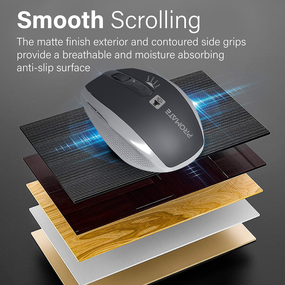 Promate 1600DPI Silent Mouse, Ergonomic Symmetric 2.4Ghz Cordless Silent Keys Mouse with, Long Battery Life, Optical Sensor, 6 Functional Buttons and Nano Receiver for Mac OS, Windows, Breeze Silver