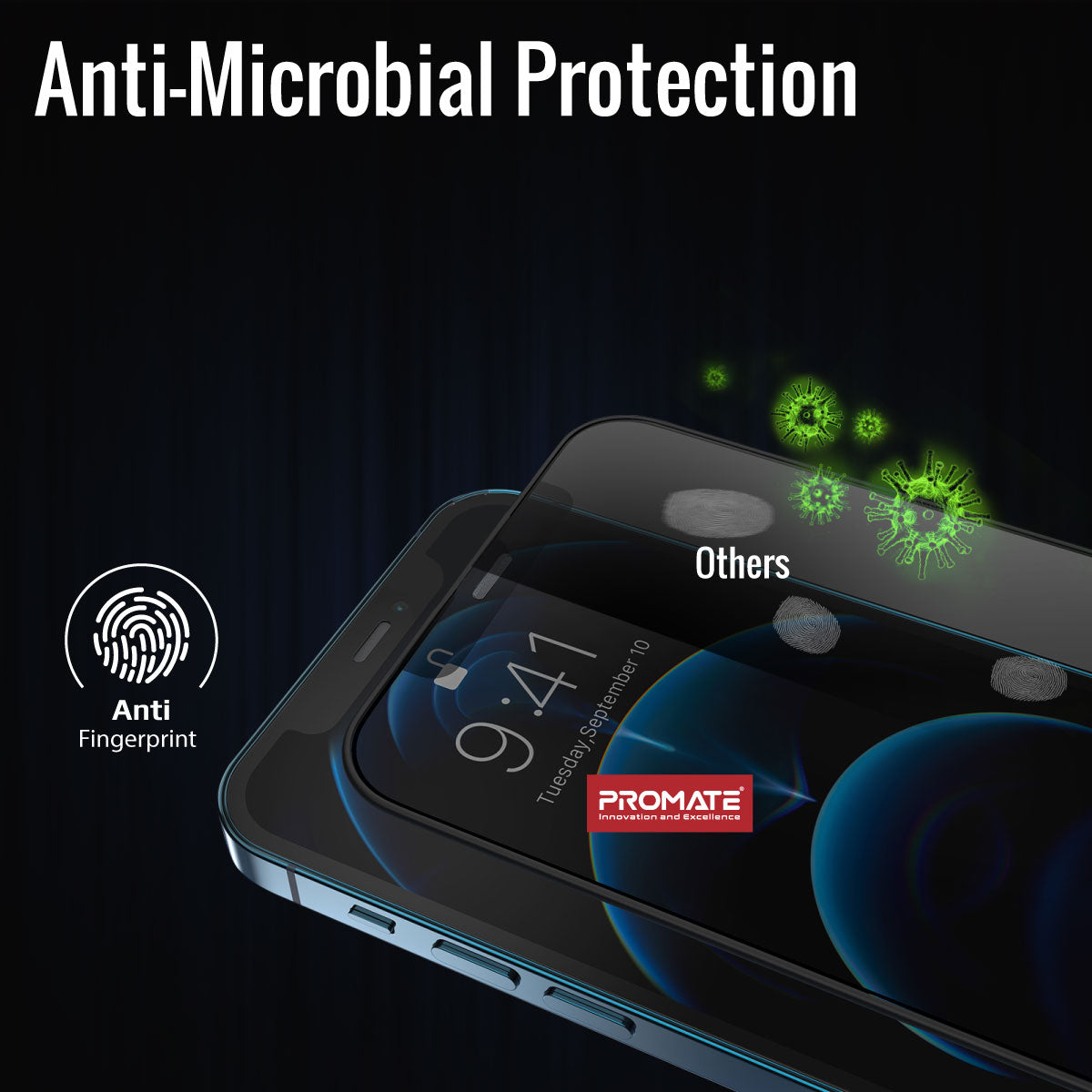 Promate Clear Glass Screen Protector for iPhone 12, Anti-Fingerprint 3D Screen Guard with Built-In Silicone Bumper, Anti-Blue light, 9H Hardness and Shatter Protection, CRYSTAL-I12