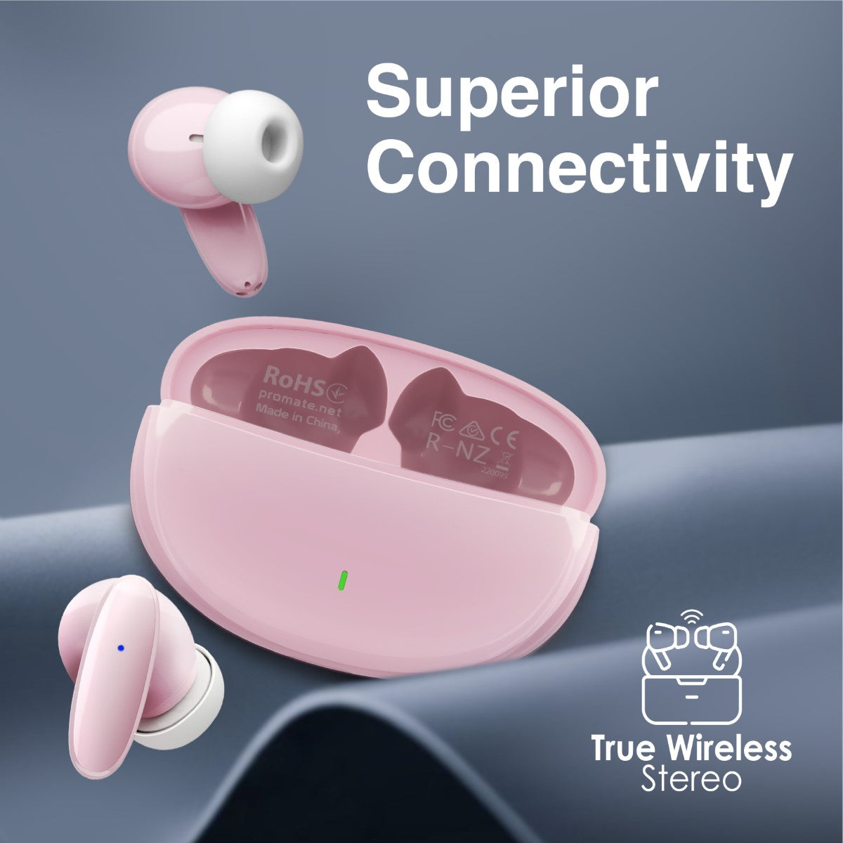 Promate True Wireless Earbuds with Bluetooth v5.1, Mic, IPX5 Water Resistance and Auto Pairing, Lush Pink