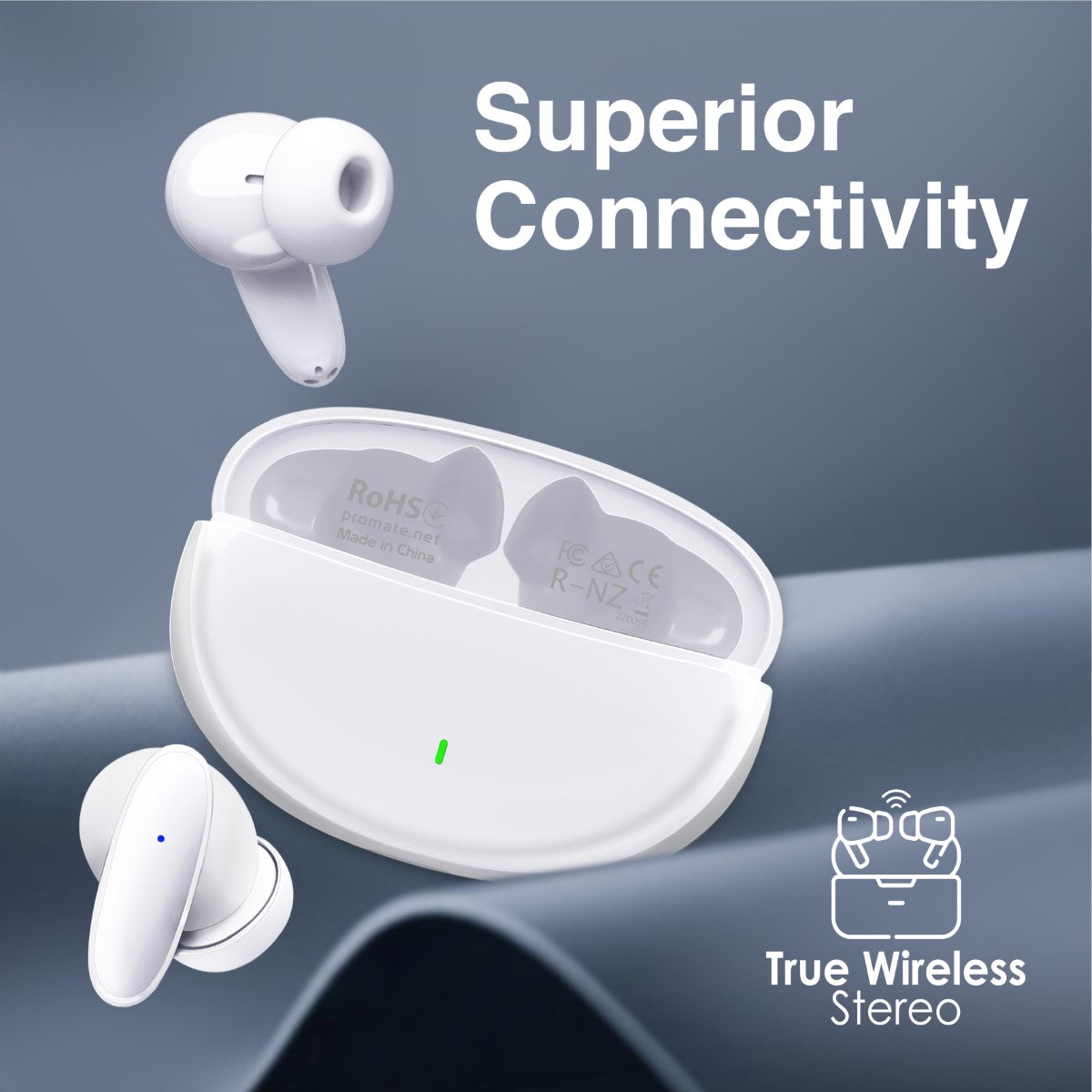 Promate True Wireless Earbuds with Bluetooth v5.1, Mic, IPX5 Water Resistance and Auto Pairing, Lush White