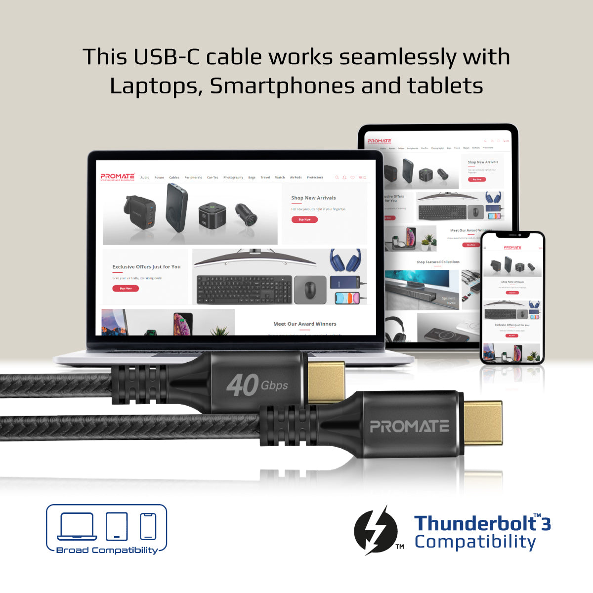 Promate USB-C to USB-C Thunderbolt 3 Cable with 240W PD, 8K @60Hz and 40Gbps Data Speed, PowerBolt240-1M