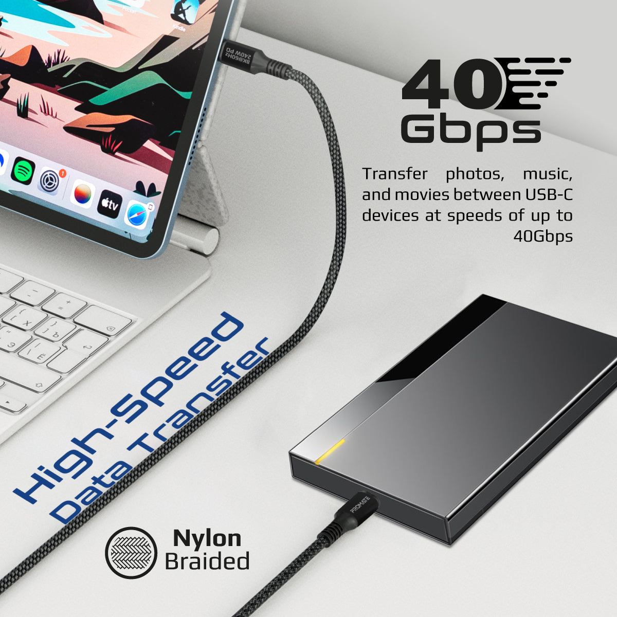 Promate USB-C to USB-C Thunderbolt 3 Cable with 240W PD, 8K @60Hz and 40Gbps Data Speed, PowerBolt240-2M