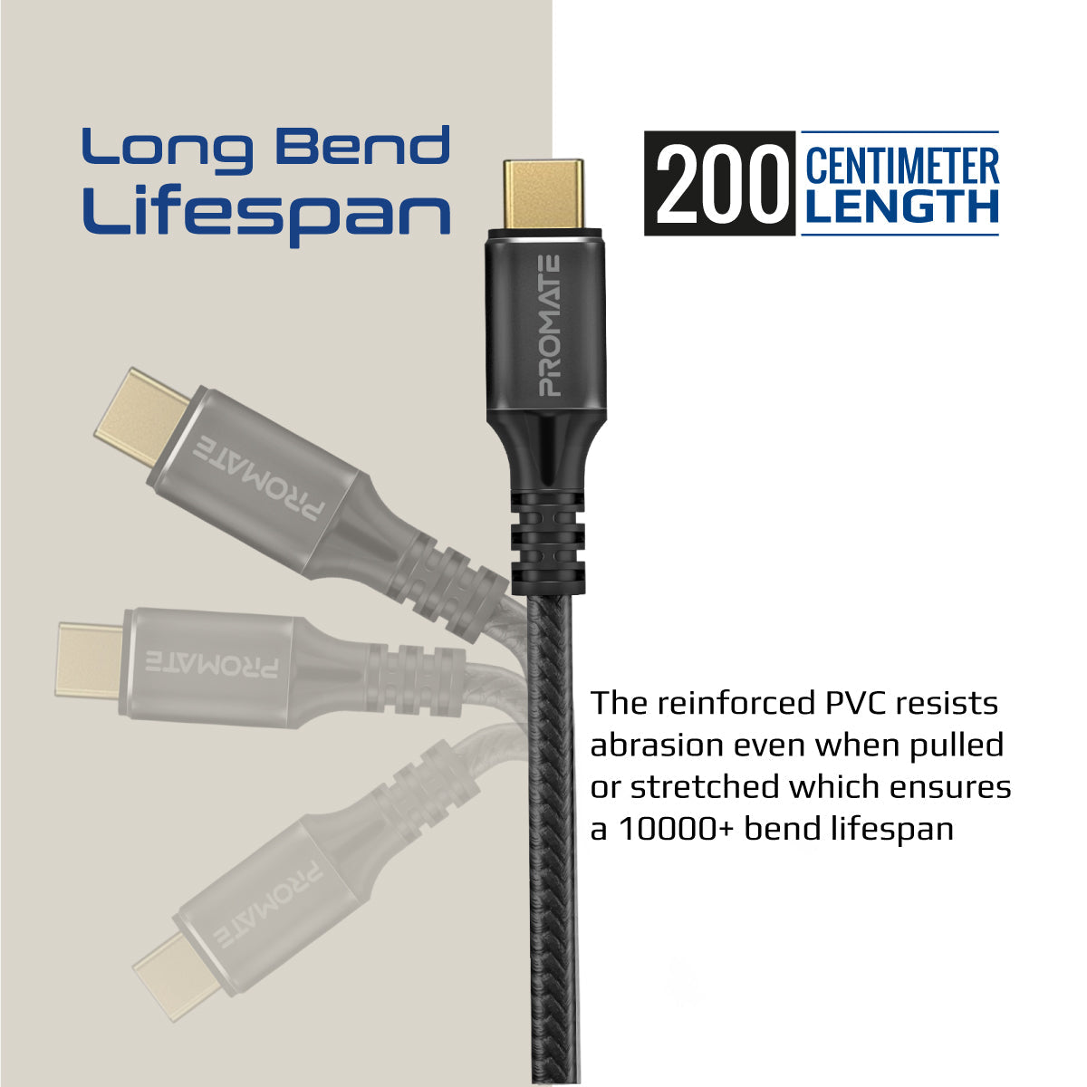 Promate USB-C to USB-C Thunderbolt 3 Cable with 240W PD, 8K @60Hz and 40Gbps Data Speed, PowerBolt240-2M