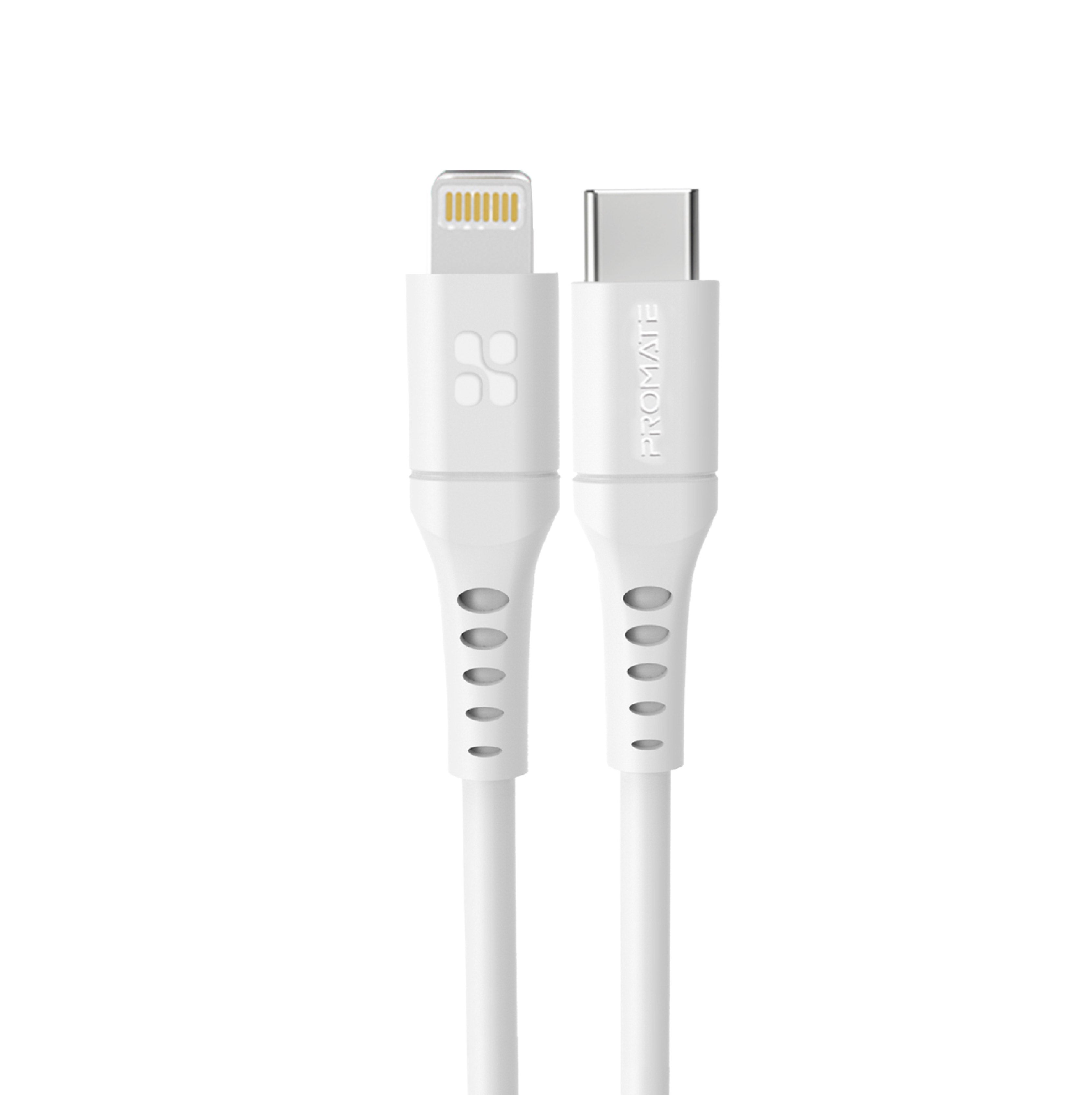Promate USB-C to Lightning Cable 2m, Powerful 20W Power Delivery Fast Charging Silicone Lightning Cable with 480 Mbps Data Sync and 3A Power Output for iPhone 13/13 Pro/13 Pro Max, iPad Pro, PowerLink-200 White
