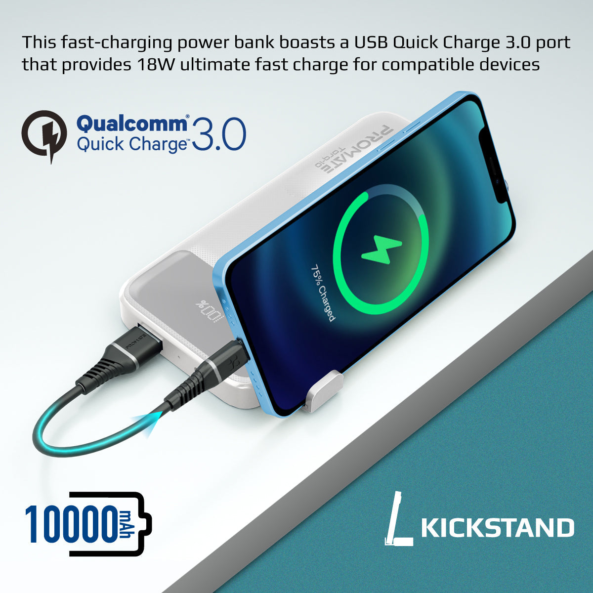 Promate Power Bank with 10000mAh Battery, Kickstand, 20W USB-C PD Port and QC 3.0 18W Port, Torq-10 White