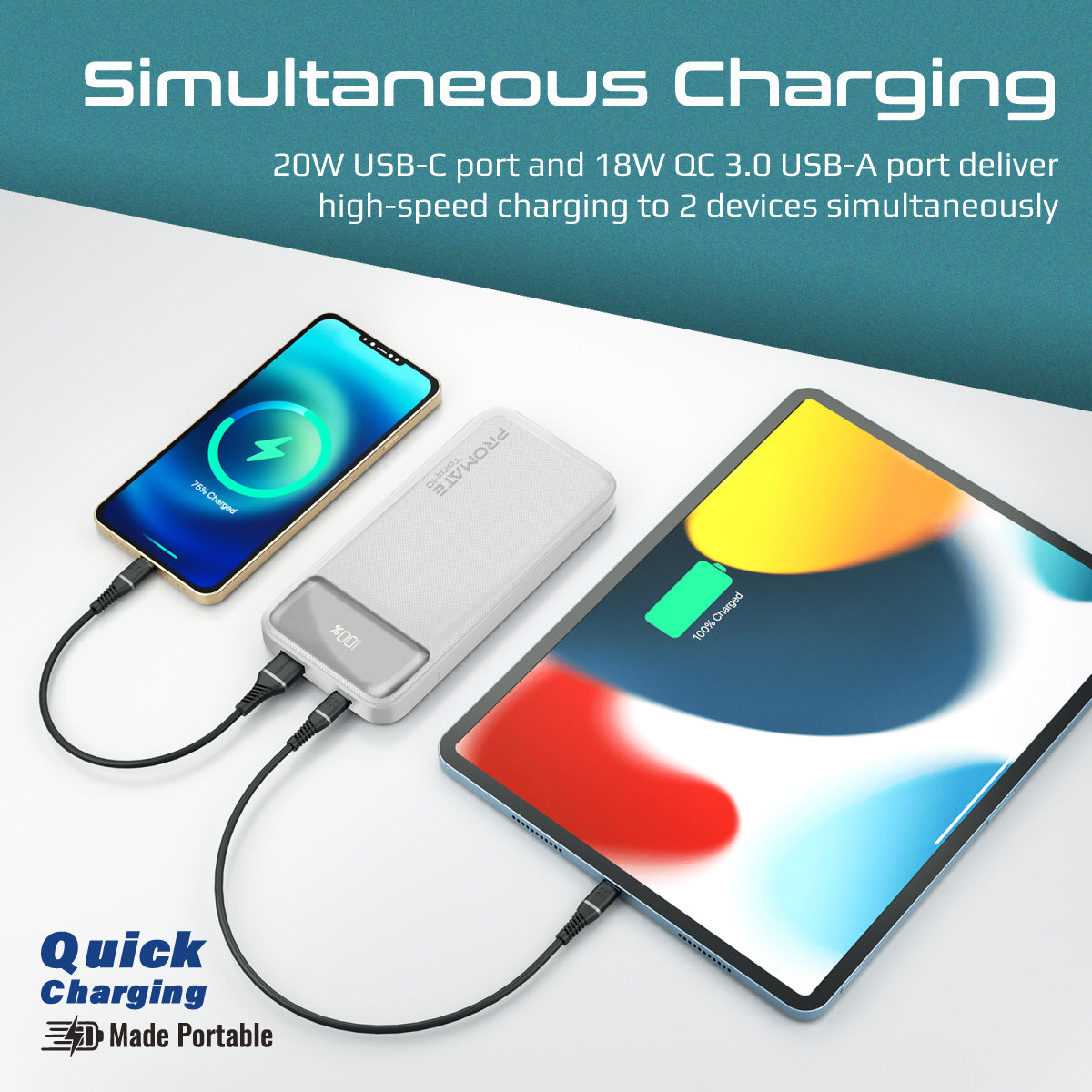 Promate Power Bank with 10000mAh Battery, Kickstand, 20W USB-C PD Port and QC 3.0 18W Port, Torq-10 White