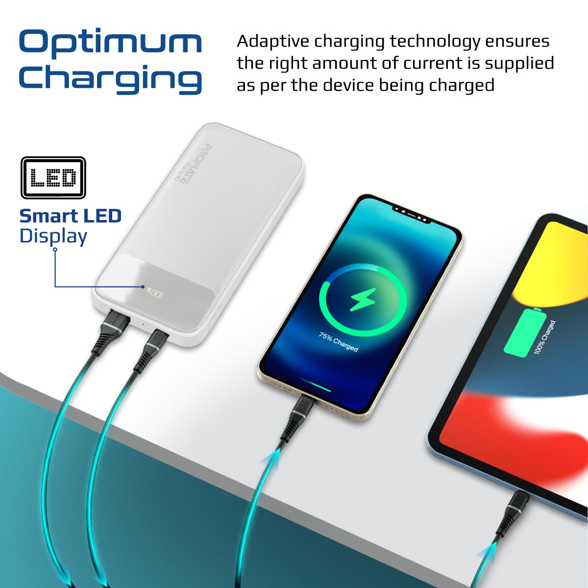 Promate Power Bank with 10000mAh Battery, Kickstand, 20W USB-C PD Port and QC 3.0 18W Port, Torq-10 White