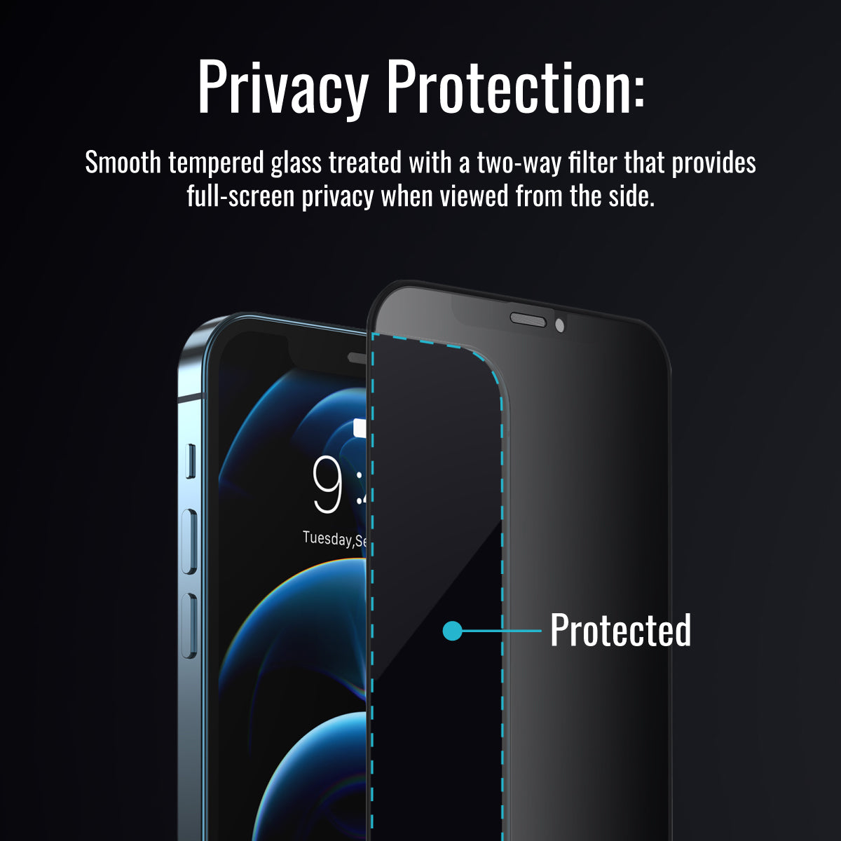 Promate Privacy Screen Protector for iPhone 12, Matte Anti-Spy 3D Tempered Glass Screen Guard with Built-In Silicone Bumper, 9H Hardness, Anti-Fingerprint, Shatter Protection and Touch Sensitivity, WatchDog-i12