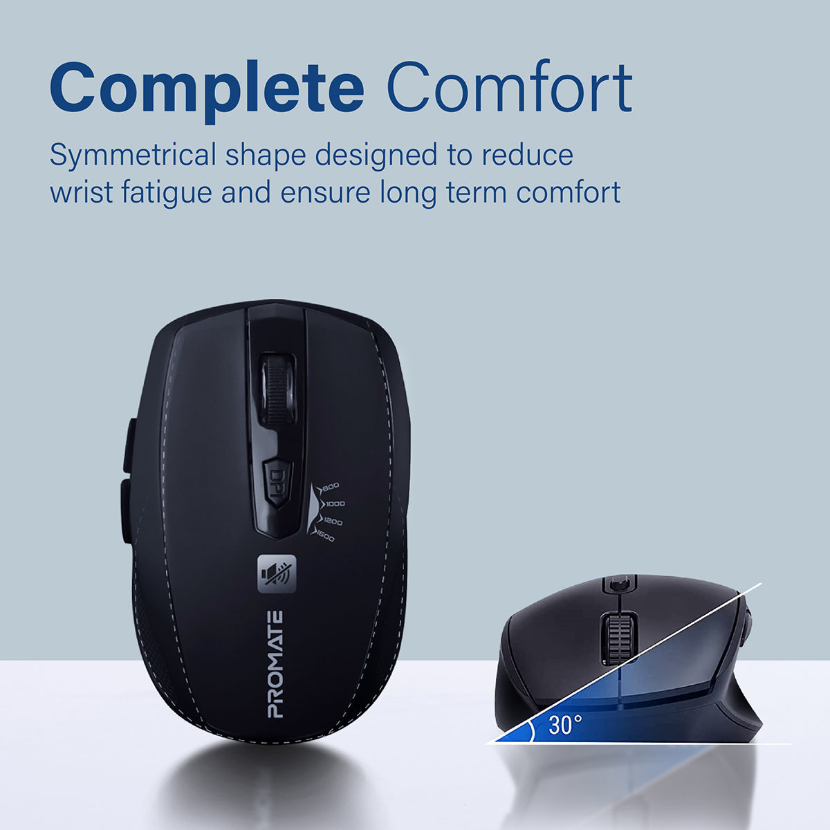 Promate 1600DPI Silent Mouse, Ergonomic Symmetric 2.4Ghz Cordless Silent Keys Mouse with, Long Battery Life, Optical Sensor, 6 Functional Buttons and Nano Receiver for Mac OS, Windows, Breeze Black
