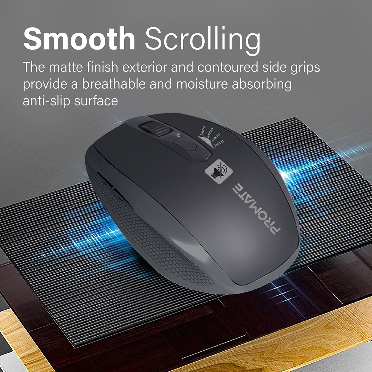 Promate 1600DPI Silent Mouse, Ergonomic Symmetric 2.4Ghz Cordless Silent Keys Mouse with, Long Battery Life, Optical Sensor, 6 Functional Buttons and Nano Receiver for Mac OS, Windows, Breeze Black