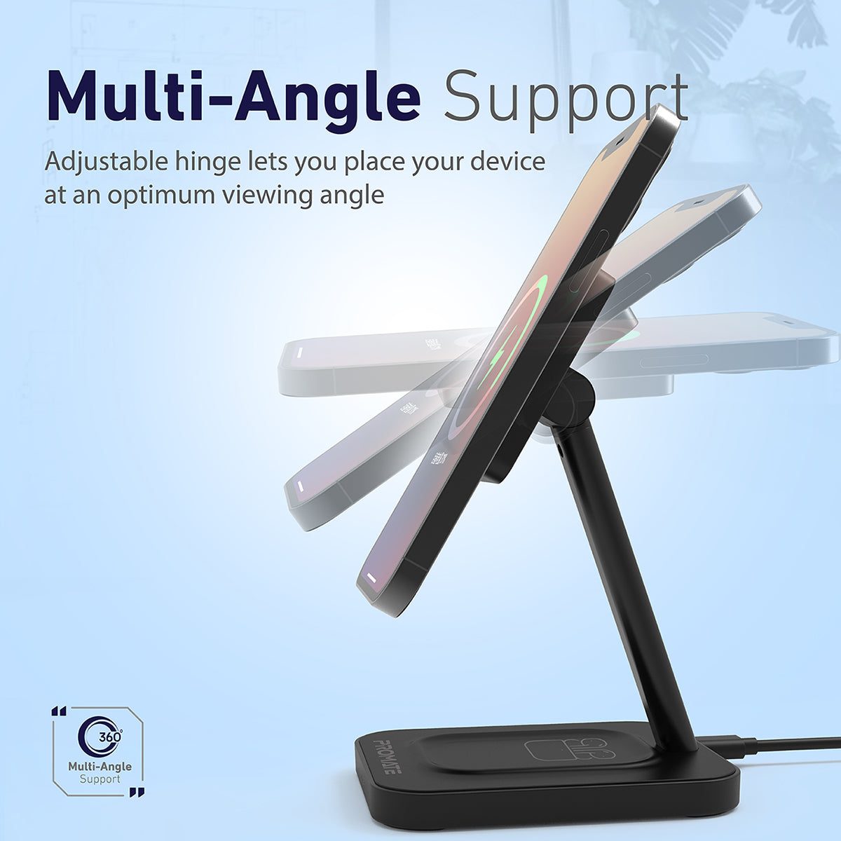 Promate Magnetic Wireless Charger for iPhone 12, 2-in-1 Mag-Safe 15W Fast Wireless Charger with Adjustable Neck and Anti-Slip 5W Charging Pad for iPhone 12/12 Mini/12 Pro/12 Pro Max/AirPods 2/AirPods Pro, AurBase-15W Black
