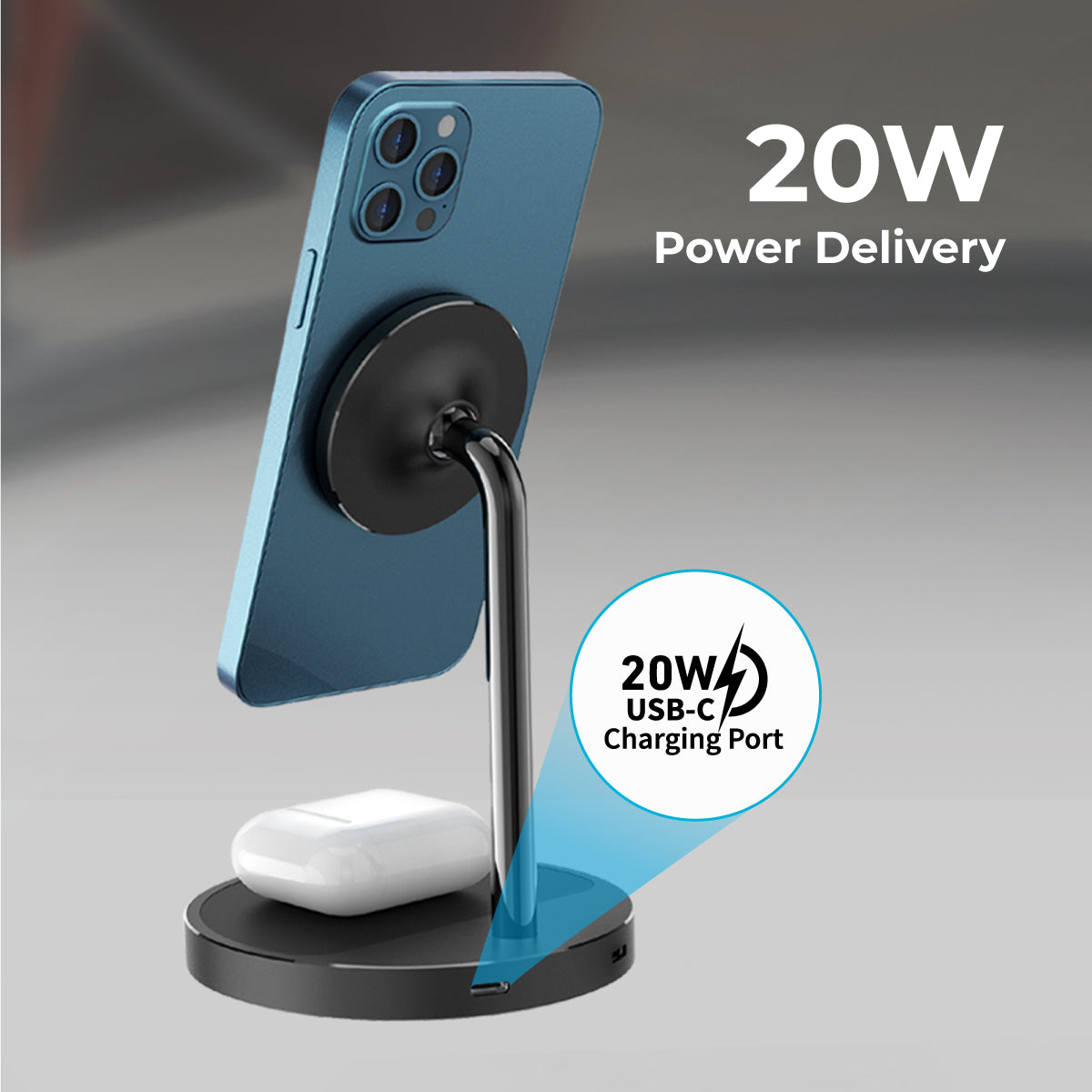 Promate Wireless Charger, 40W High Output Wireless Charging Station With 15W Magnetic Wireless Charger, 20W USB-C Power Delivery and Anti-Slip 5W AirPods Wireless Charger Pad for iPhone 12, AirPods Pro, USB Devices, AuraBase-PD20 UK Black