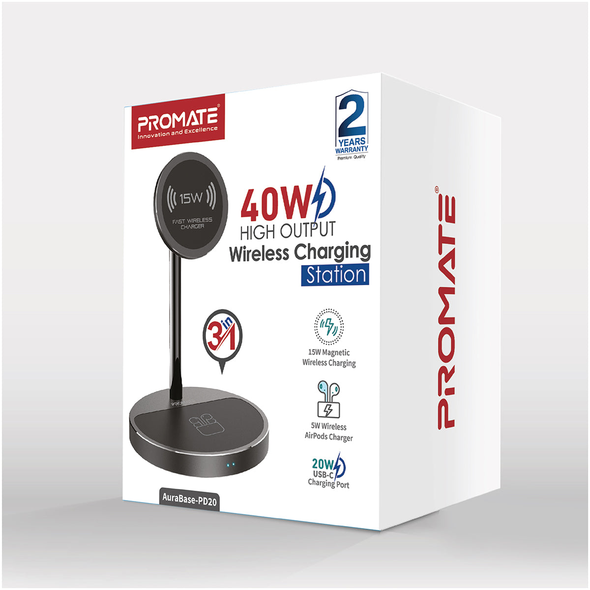 Promate Wireless Charger, 40W High Output Wireless Charging Station With 15W Magnetic Wireless Charger, 20W USB-C Power Delivery and Anti-Slip 5W AirPods Wireless Charger Pad for iPhone 12, AirPods Pro, USB Devices, AuraBase-PD20 UK Black