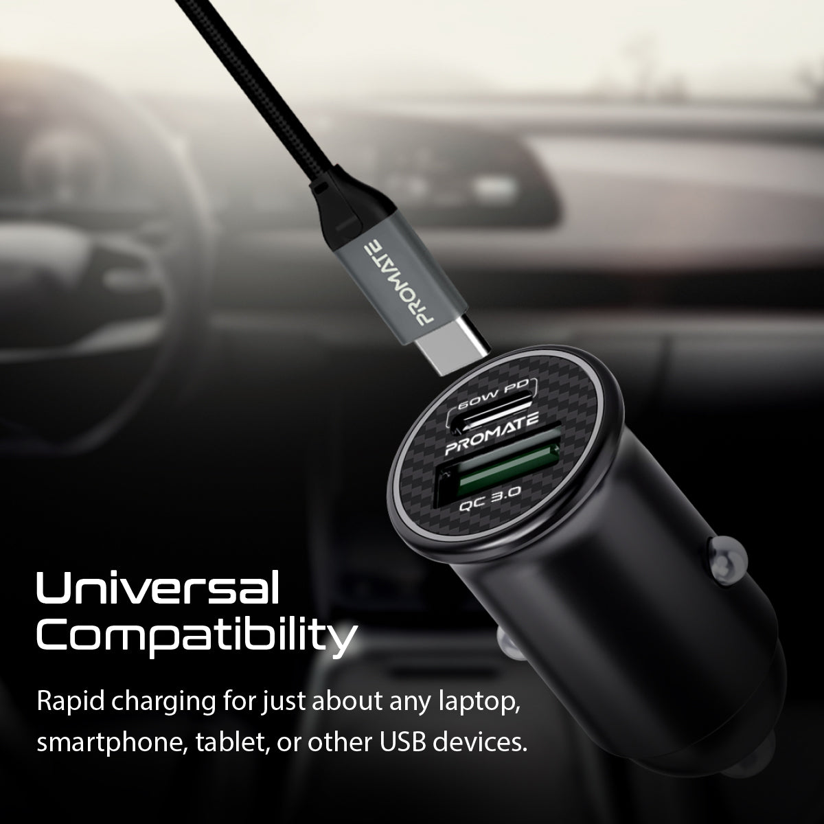 Promate 60W USB-C Car Charger, Super-Fast Type-C Power Delivery Car Charger with 18W Quick Charge 3.0 USB Port, Aluminum Alloy and Over Charging Protection for MacBook, Laptops, iPhone,GPS,Bullet-PD60