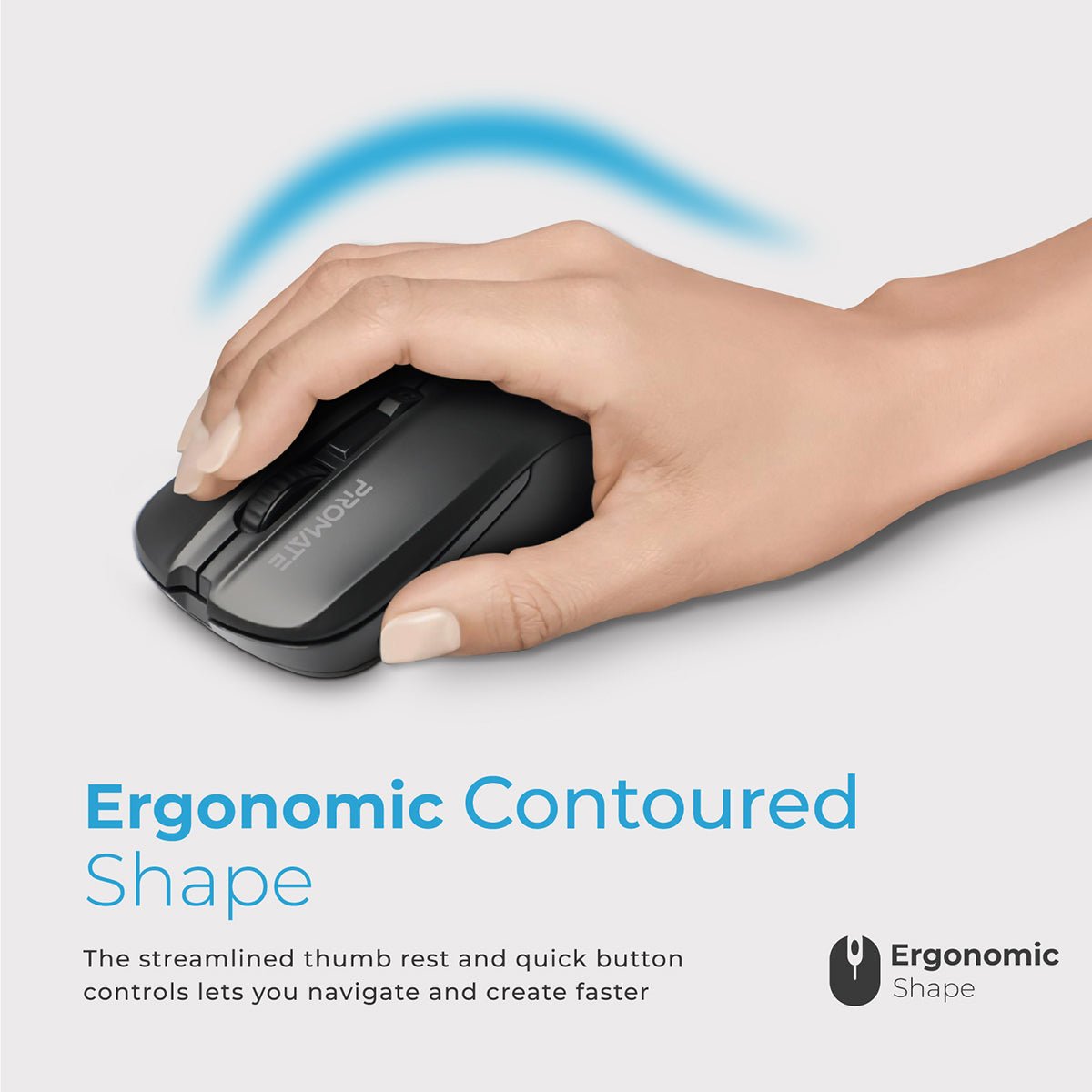 Promate Wireless Mouse, Comfortable Ambidextrous 2.4GHz Cordless Ergonomic Mice with 4 Programmable Buttons, Adjustable 1600DPI, Nano USB Receiver and 10m Working Range for Laptops, Contour Black