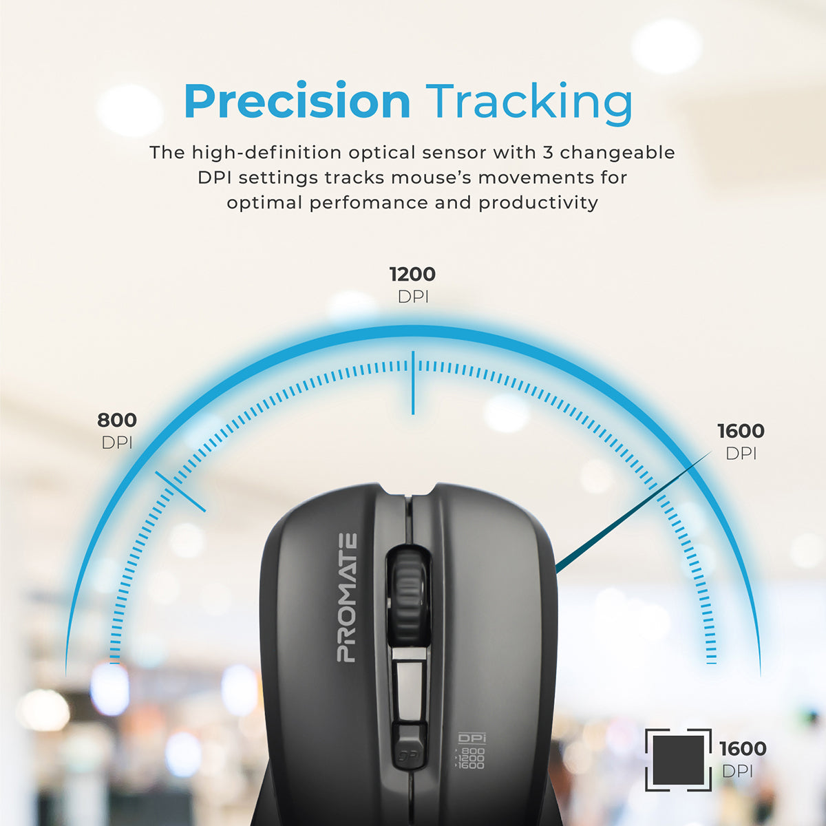 Promate Wireless Mouse, Comfortable Ambidextrous 2.4GHz Cordless Ergonomic Mice with 4 Programmable Buttons, Adjustable 1600DPI, Nano USB Receiver and 10m Working Range for Laptops, Contour Black