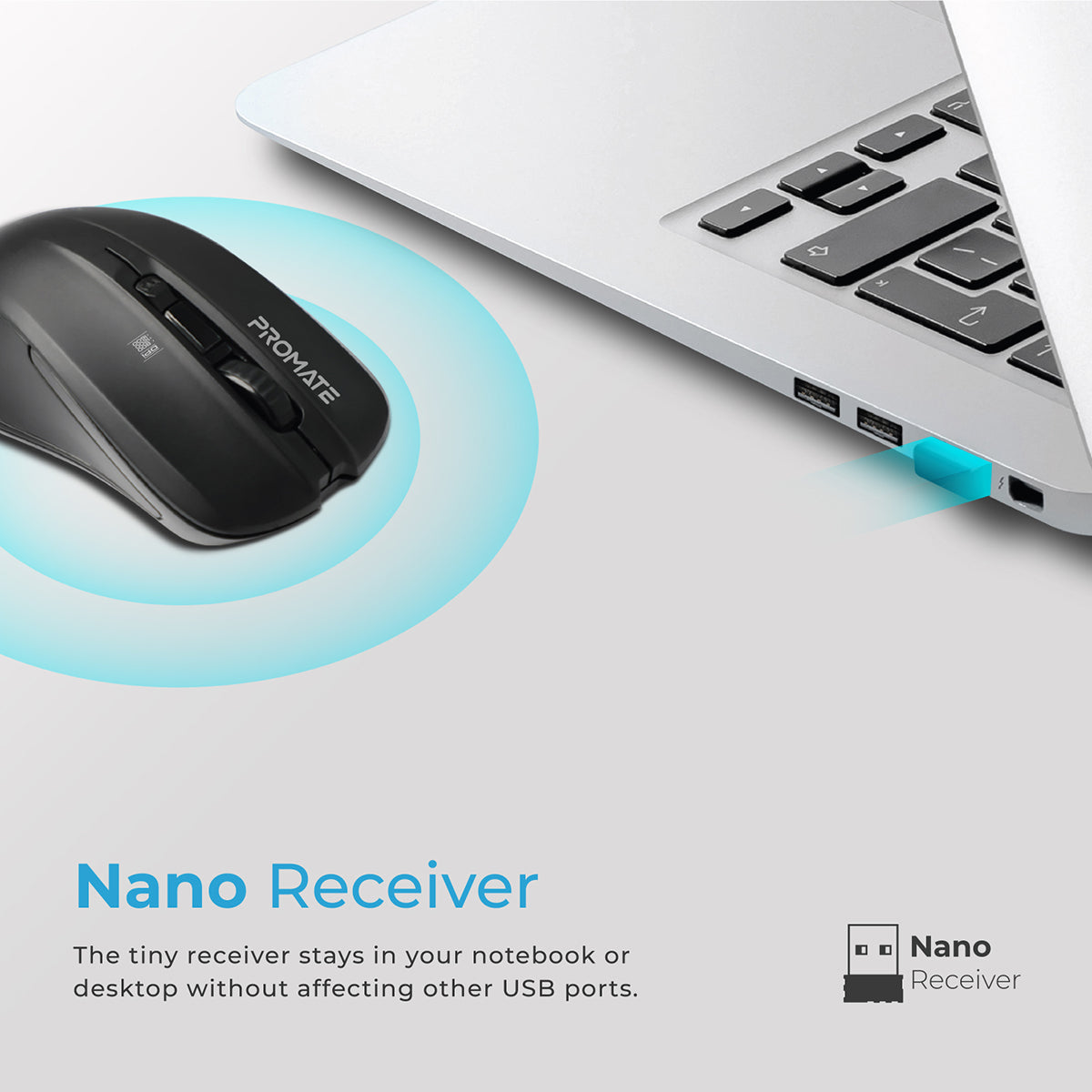 Promate Wireless Mouse, Comfortable Ambidextrous 2.4GHz Cordless Ergonomic Mice with 4 Programmable Buttons, Adjustable 1600DPI, Nano USB Receiver and 10m Working Range for Laptops, Contour Black
