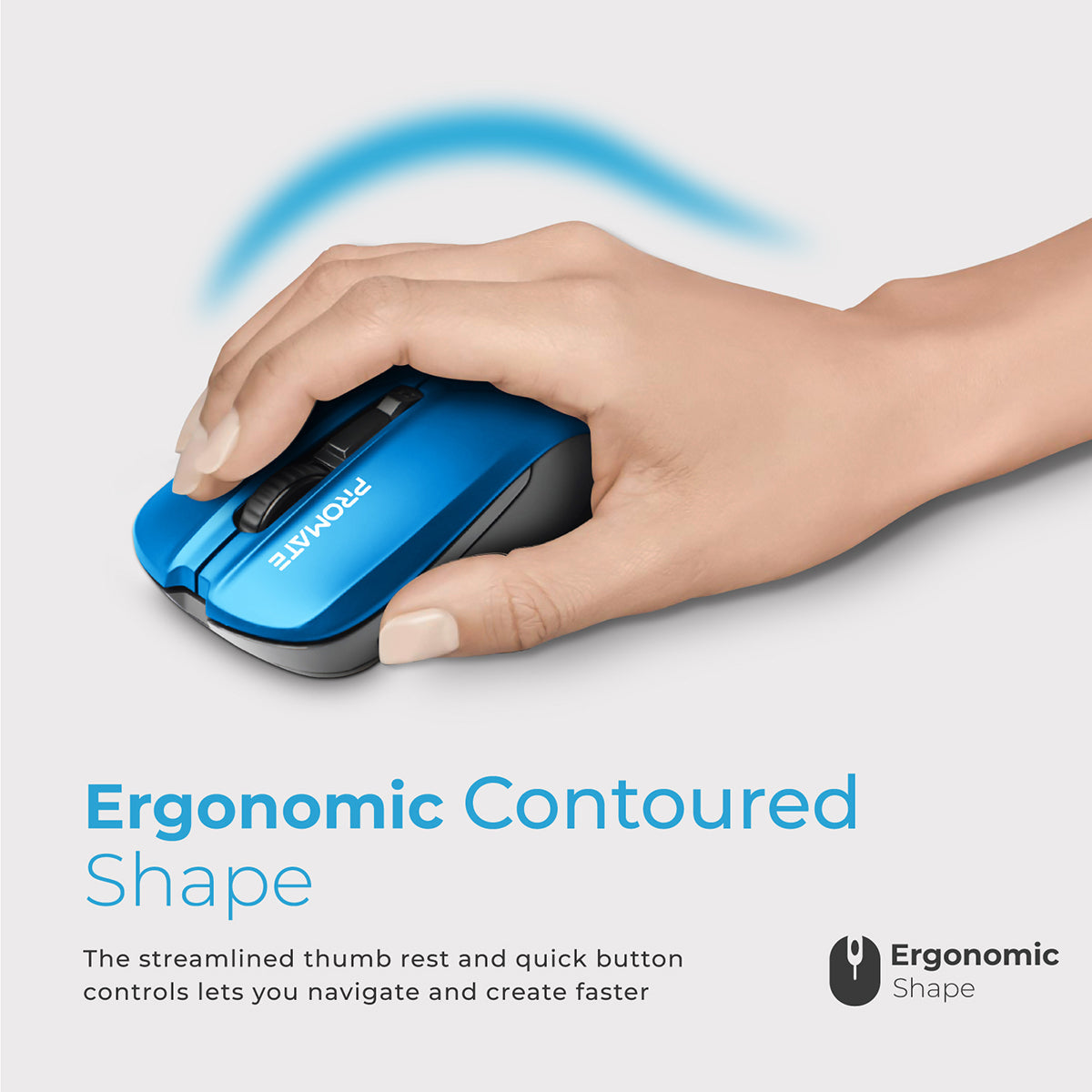 Promate Wireless Mouse, Comfortable Ambidextrous 2.4GHz Cordless Ergonomic Mice with 4 Programmable Buttons, Adjustable 1600DPI, Nano USB Receiver and 10m Working Range for Laptops, Contour Blue