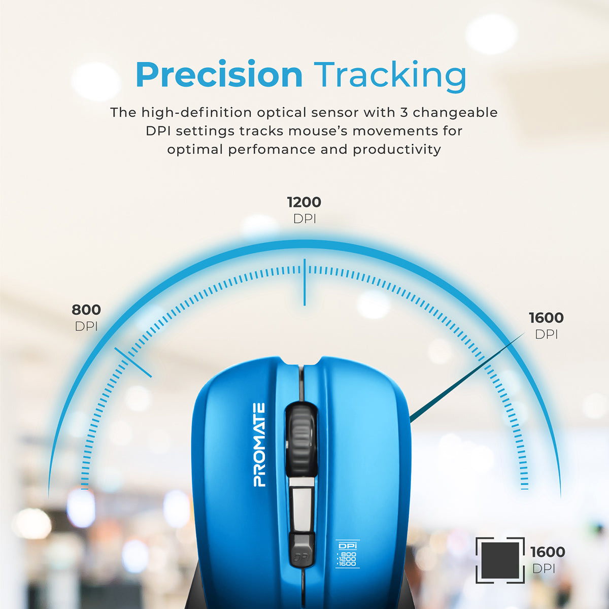 Promate Wireless Mouse, Comfortable Ambidextrous 2.4GHz Cordless Ergonomic Mice with 4 Programmable Buttons, Adjustable 1600DPI, Nano USB Receiver and 10m Working Range for Laptops, Contour Blue