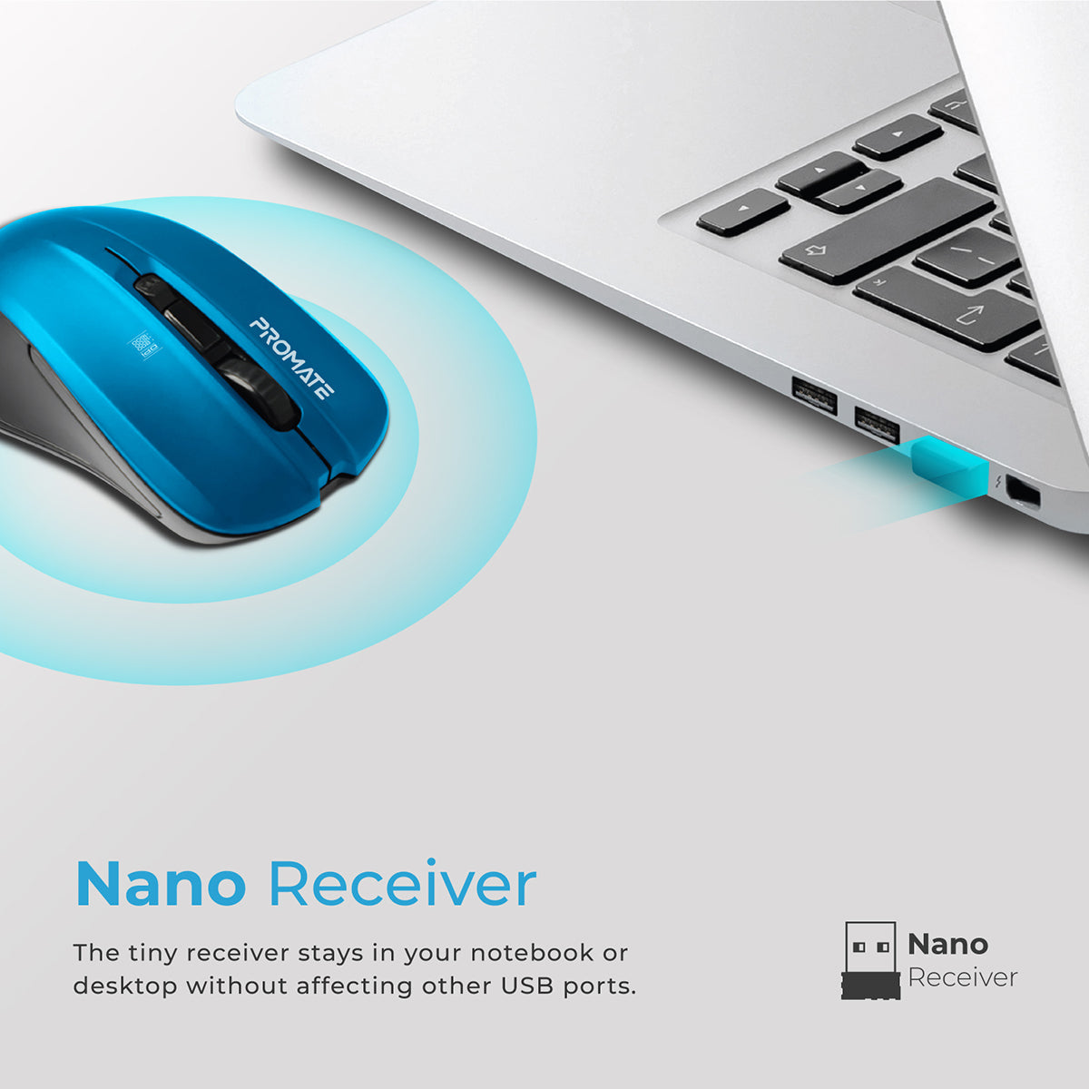 Promate Wireless Mouse, Comfortable Ambidextrous 2.4GHz Cordless Ergonomic Mice with 4 Programmable Buttons, Adjustable 1600DPI, Nano USB Receiver and 10m Working Range for Laptops, Contour Blue