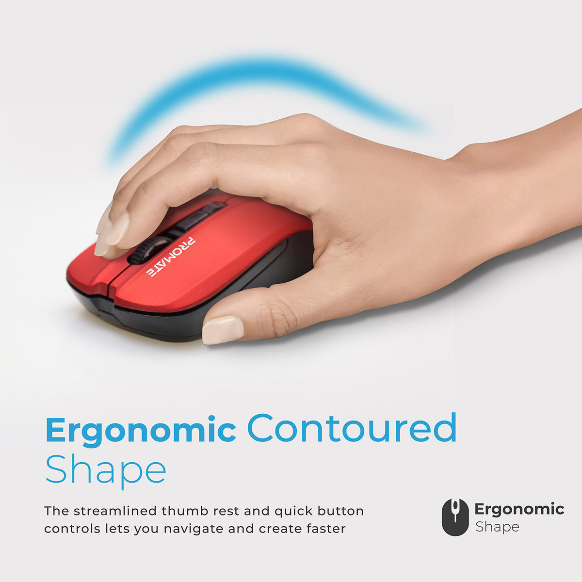Promate Wireless Mouse, Comfortable Ambidextrous 2.4GHz Cordless Ergonomic Mice with 4 Programmable Buttons, Adjustable 1600DPI, Nano USB Receiver and 10m Working Range for Laptops, Contour Red