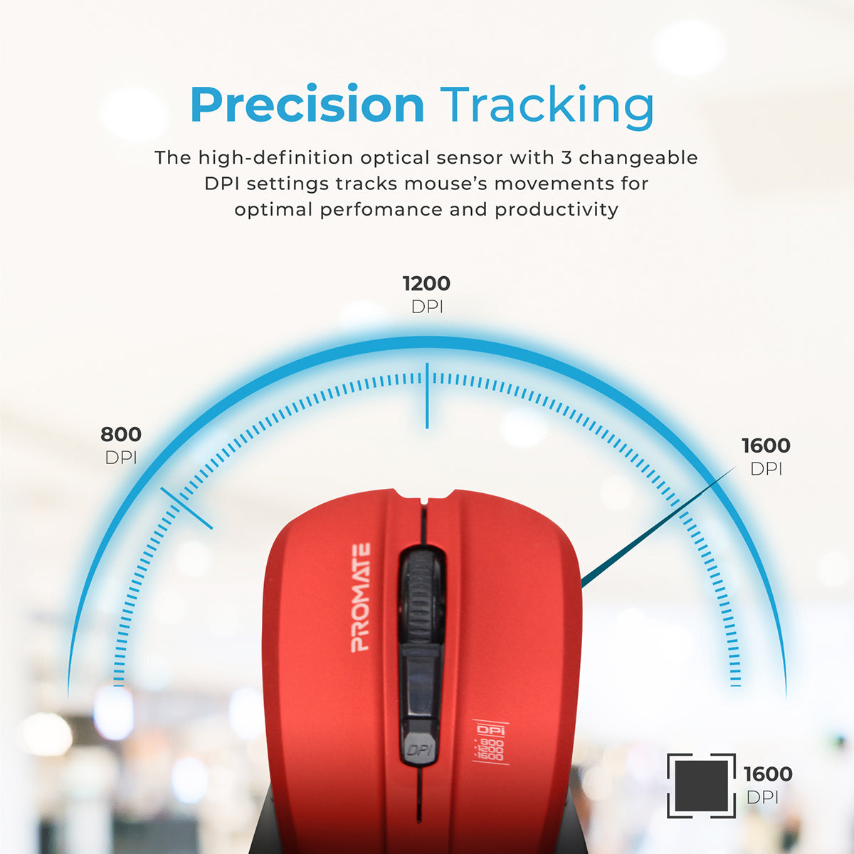 Promate Wireless Mouse, Comfortable Ambidextrous 2.4GHz Cordless Ergonomic Mice with 4 Programmable Buttons, Adjustable 1600DPI, Nano USB Receiver and 10m Working Range for Laptops, Contour Red