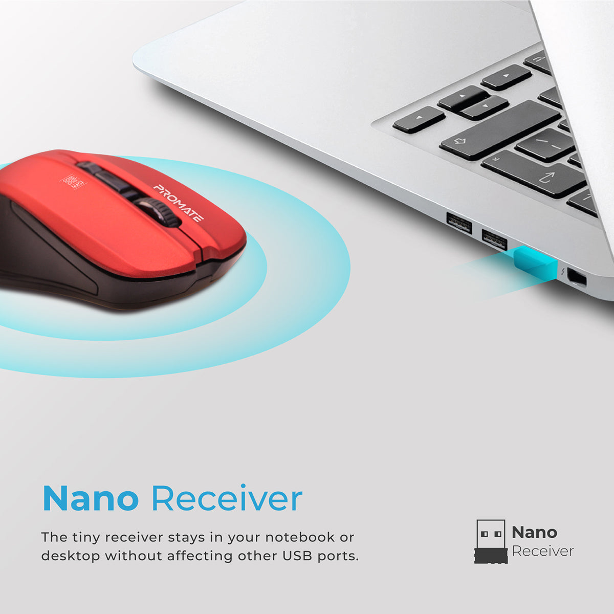 Promate Wireless Mouse, Comfortable Ambidextrous 2.4GHz Cordless Ergonomic Mice with 4 Programmable Buttons, Adjustable 1600DPI, Nano USB Receiver and 10m Working Range for Laptops, Contour Red