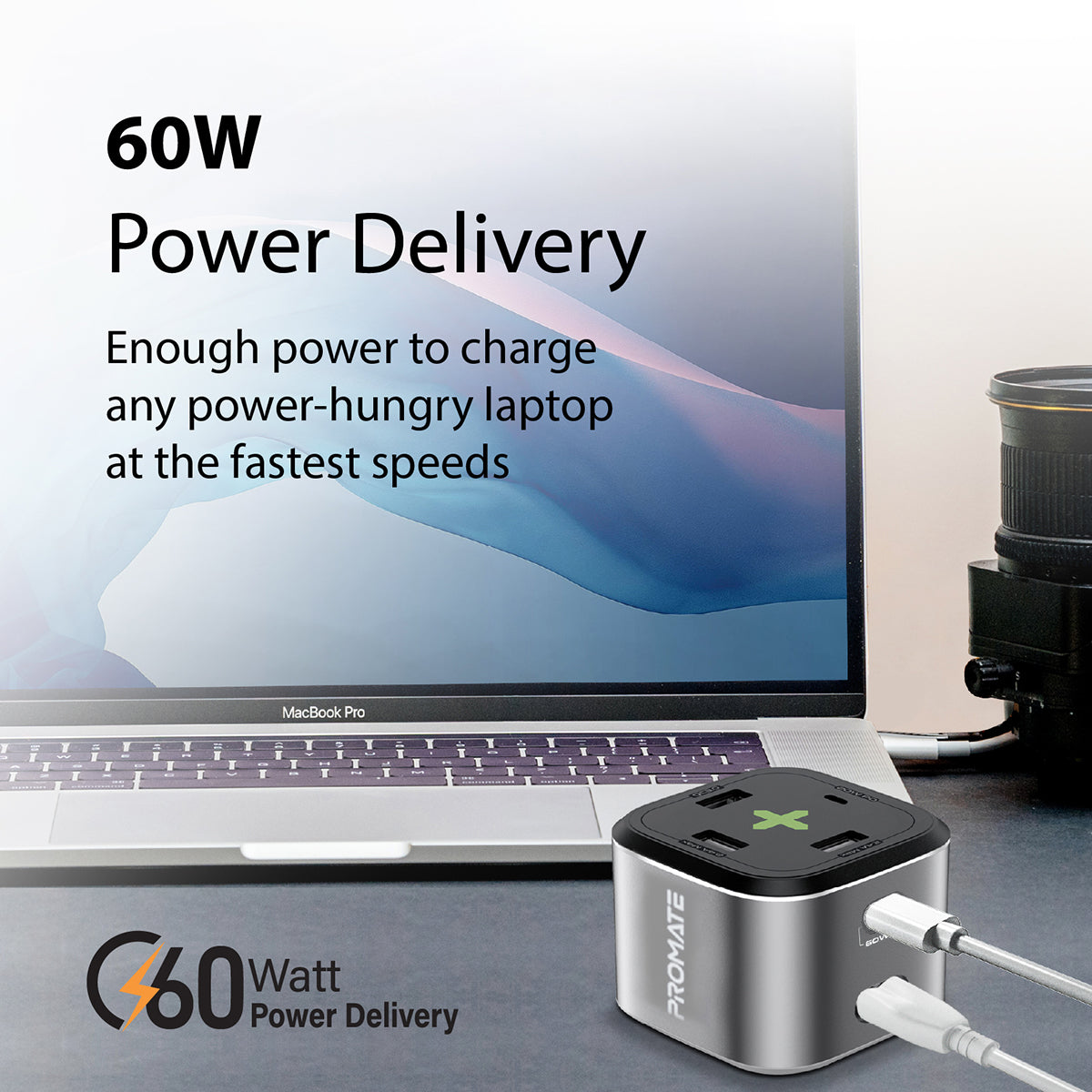Promate USB-C Charging Station, Multi-Port Hub with 60W/20W Dual USB-C Power Delivery, 2.4A Dual USB and Quick Charge 3.0 Ports, PowerCube-PD80 Grey