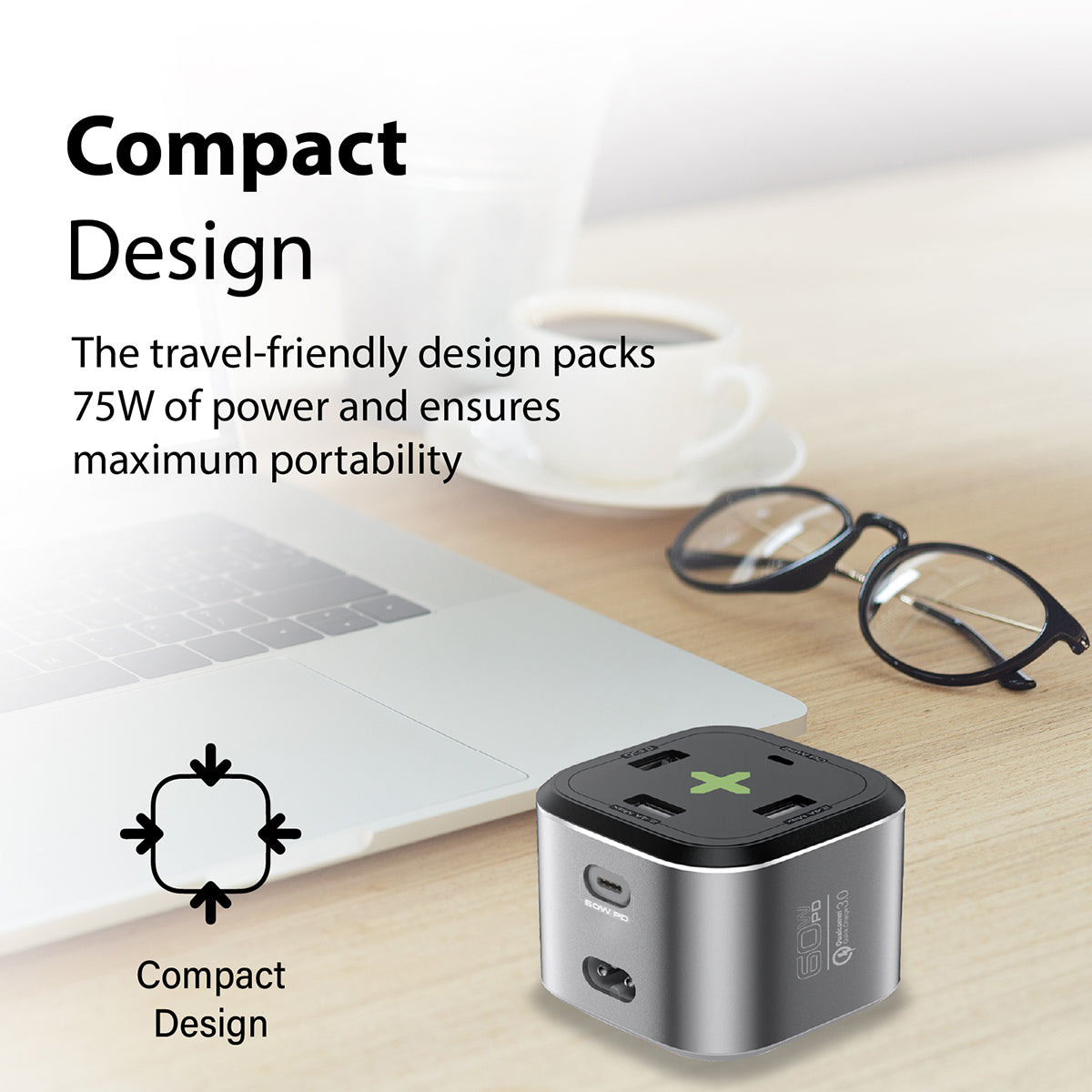 Promate USB-C Charging Station, Multi-Port Hub with 60W/20W Dual USB-C Power Delivery, 2.4A Dual USB and Quick Charge 3.0 Ports, PowerCube-PD80 Grey