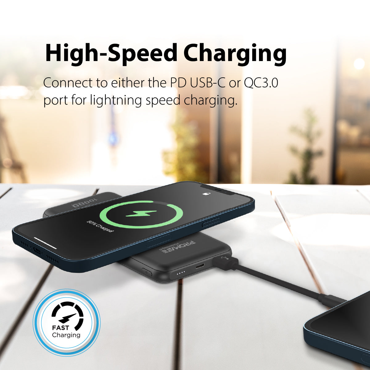 Promate Magnetic Wireless Power Bank for iPhone 12, 10000mAh Magnetic 10W Qi Wireless Mag-Safe Battery Pack with 20W USB-C Power Delivery 2-way Charging Port and QC 3.0 Fast Charging Port for iPhone 12, Samsung, iPad Pro, PowerMag-10 Black