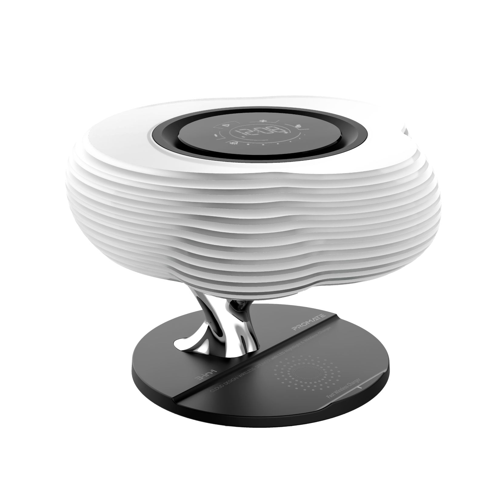 Promate Desk Lamp with Wireless Charger, Cloud Design TWS 10W True Wireless Speaker with Smart Nightlight, 10W Qi Wireless Charger, Digital Watch, Touch Control Panel and Multi-Regional Plugs for Bluetooth/ Qi Devices, HomeCloud