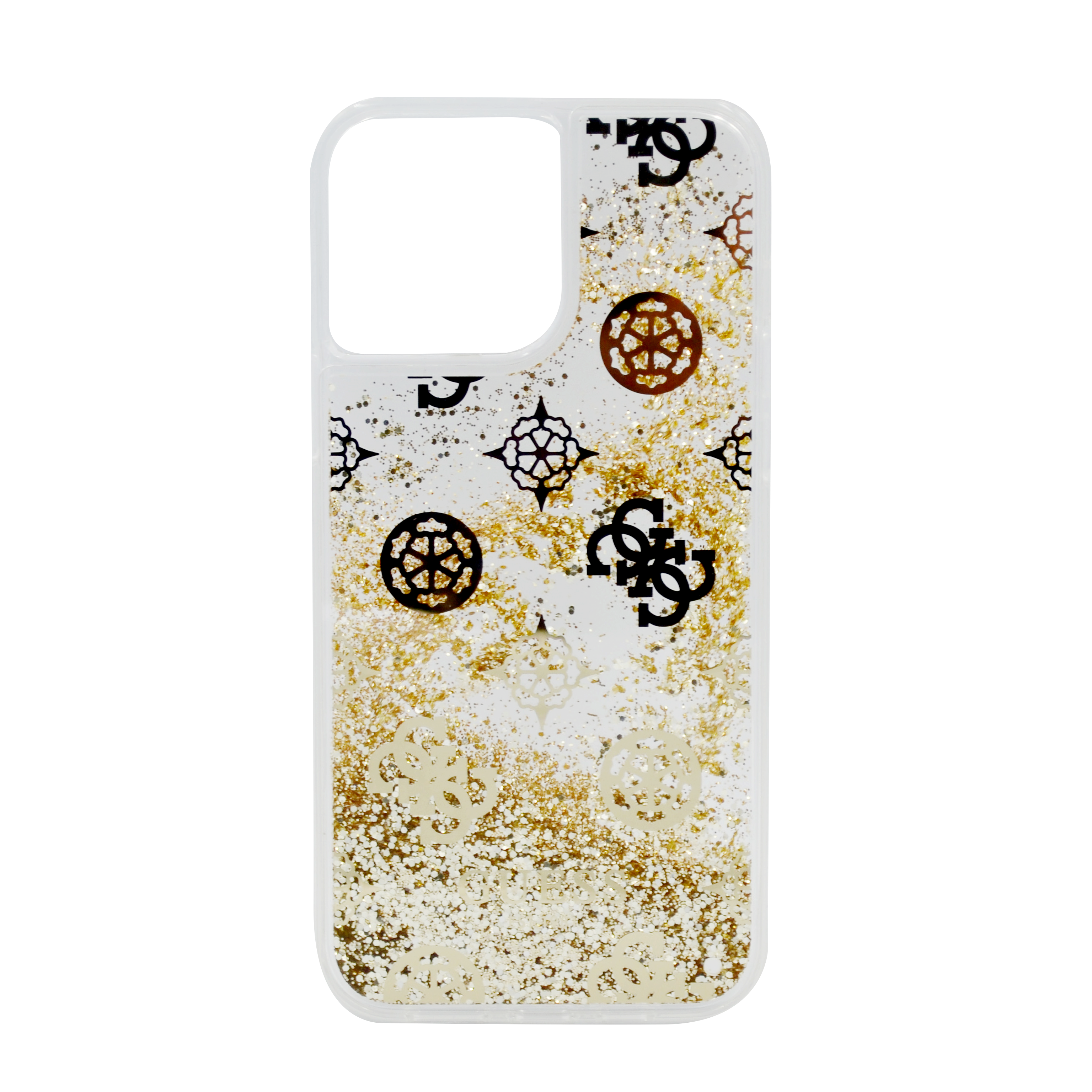 Guess Liquid Glitter Case Electroplated Peony Logo For iPhone 13 Pro Max Gold