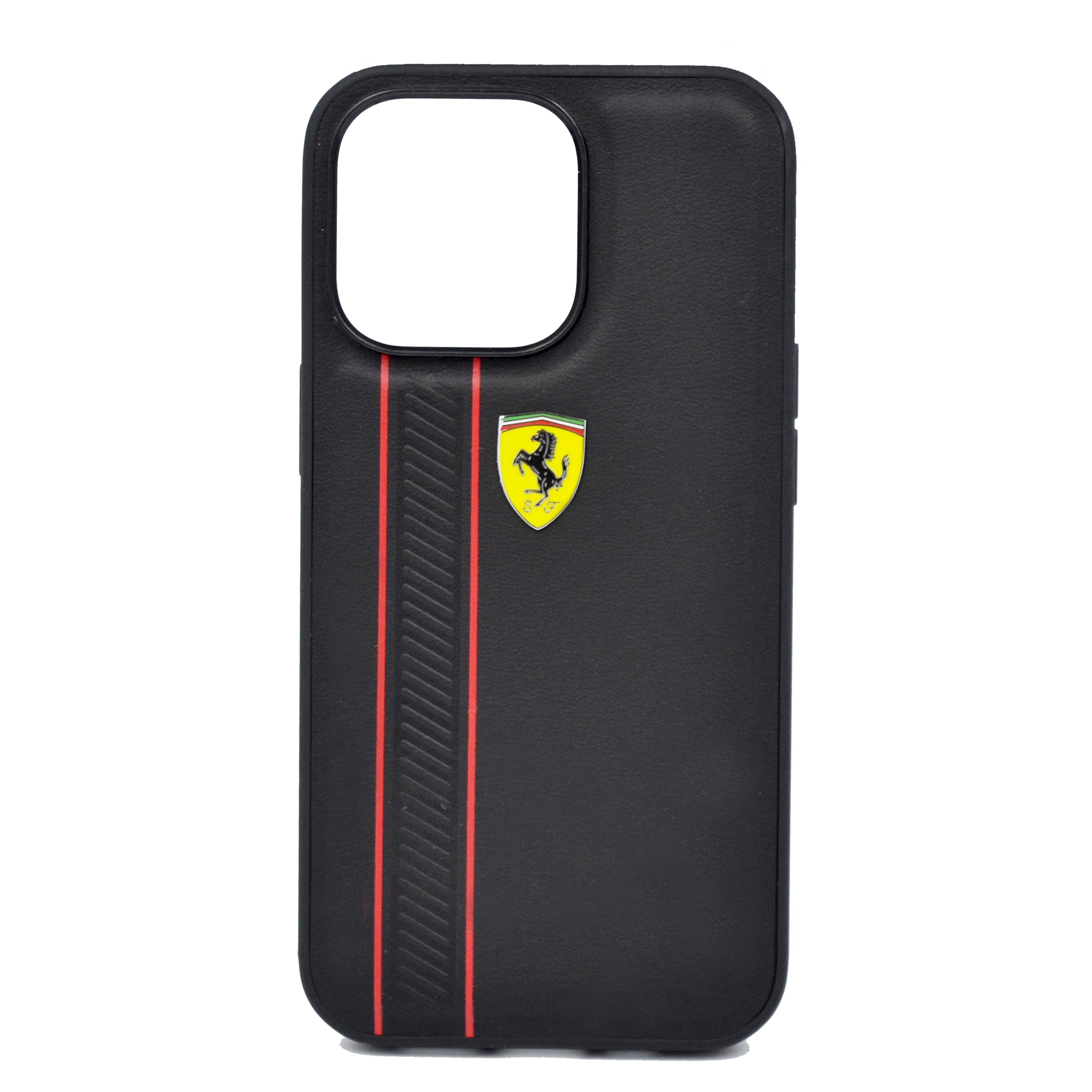 Ferrari Genuine Leather Hard Case With Debossed Stripes iPhone 13 Pro Max Black