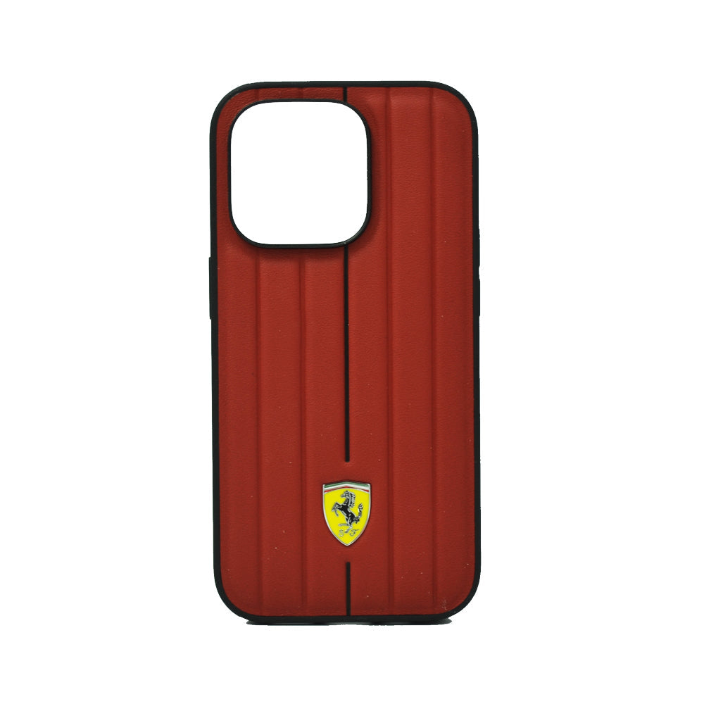 Ferrari Leather Case With Embossed Stripes Yellow Shield Logo For iPhone 14 Pro Red