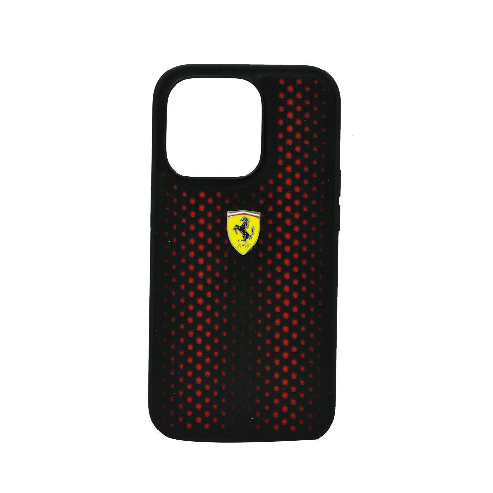 Ferrari PU Leather Perforated Case With Nylon Base and Yellow Shield Logo For iPhone 14 Pro Red