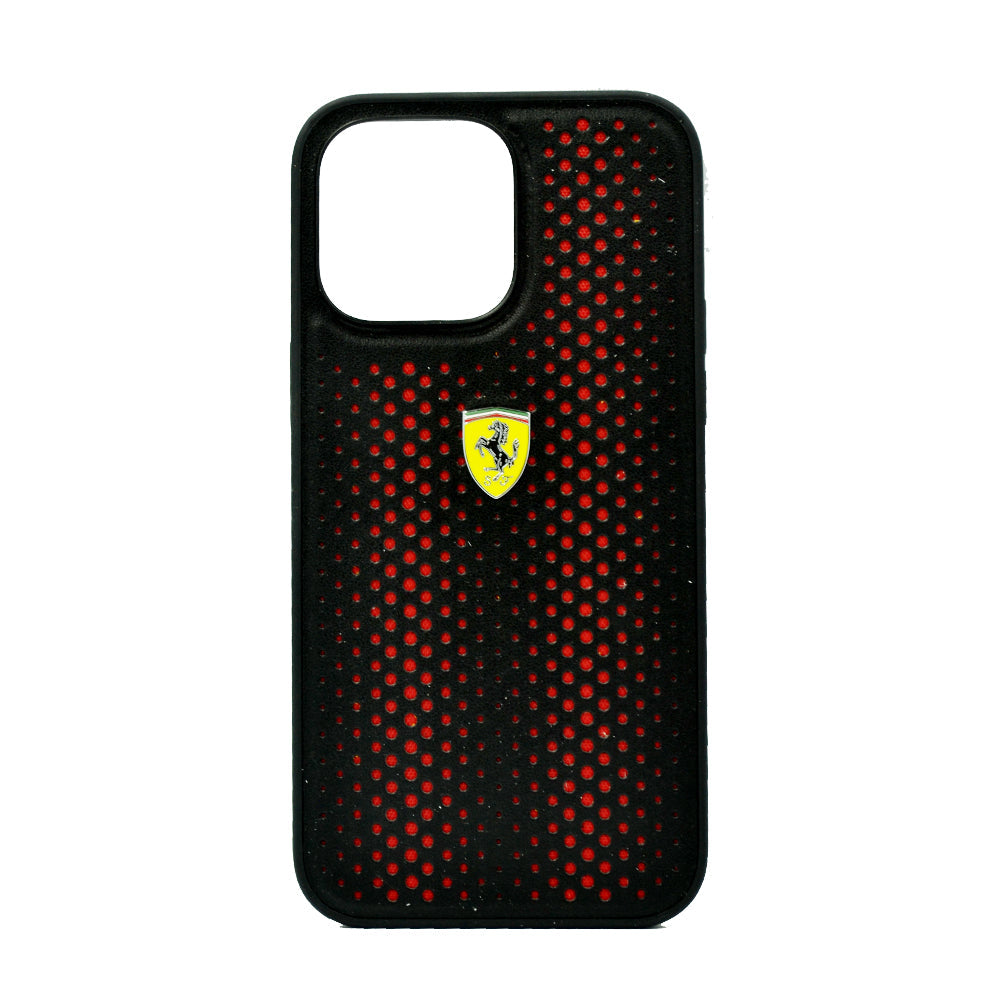 Ferrari Pu Leather Perforated Case With Nylon Base and Yellow Shield Logo For iPhone 14 Pro Max Red