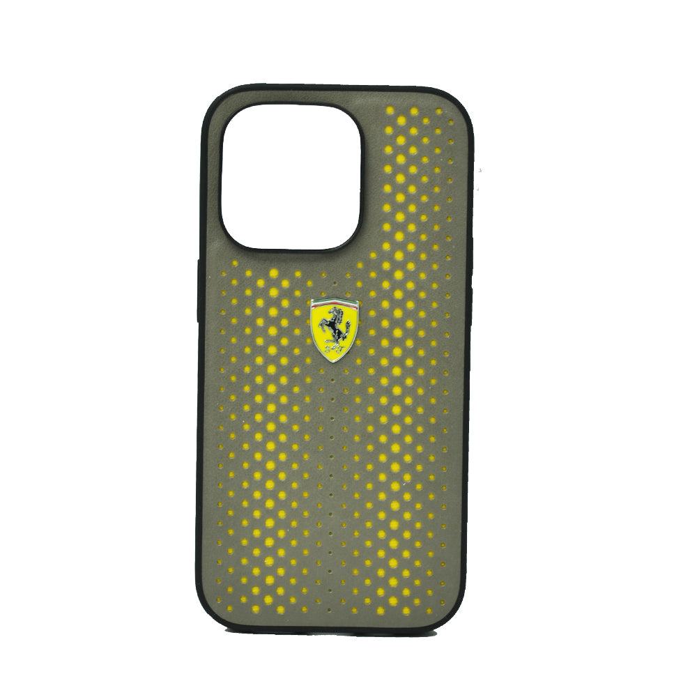 Ferrari Pu Leather Perforated Case With Nylon Base and Yellow Shield Logo For iPhone 14 Pro Max Yellow
