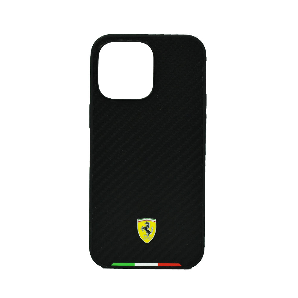 Ferrari Hc Pu Carbon Effect Case With Italian Flag Line For iPhone 14 Pro Max Black