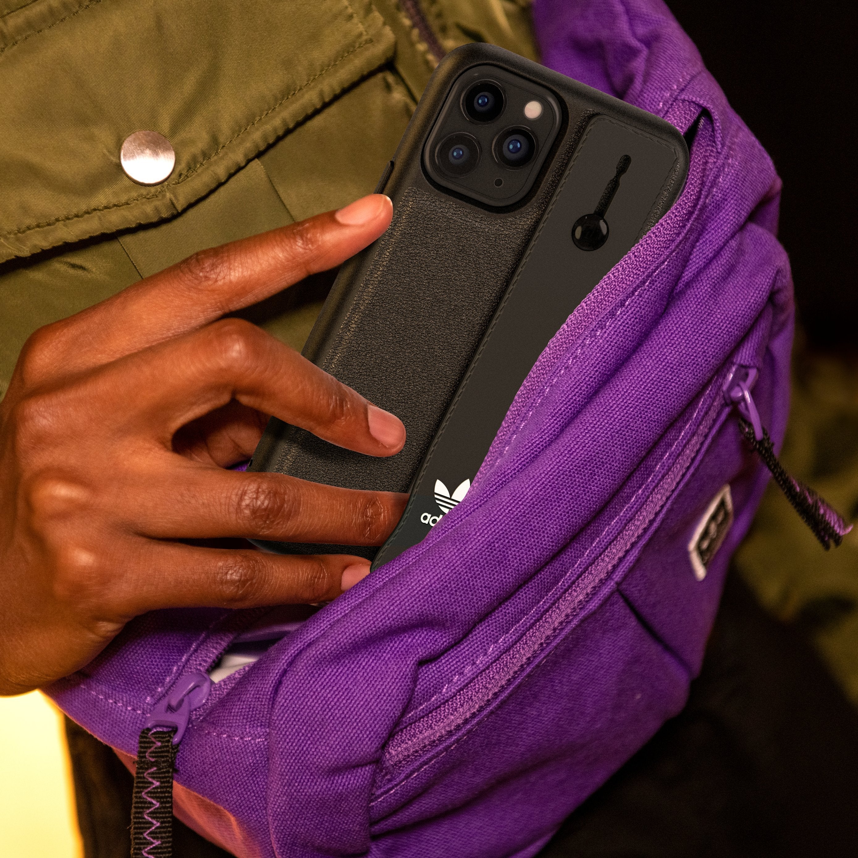 Adidas ORIGINALS Apple iPhone 12 Mini HandStrap Case - Back cover w/ HandStrap & Carabiner in Trefoil Design, Scratch & Drop Protection, Wireless Charging Compatible - Black