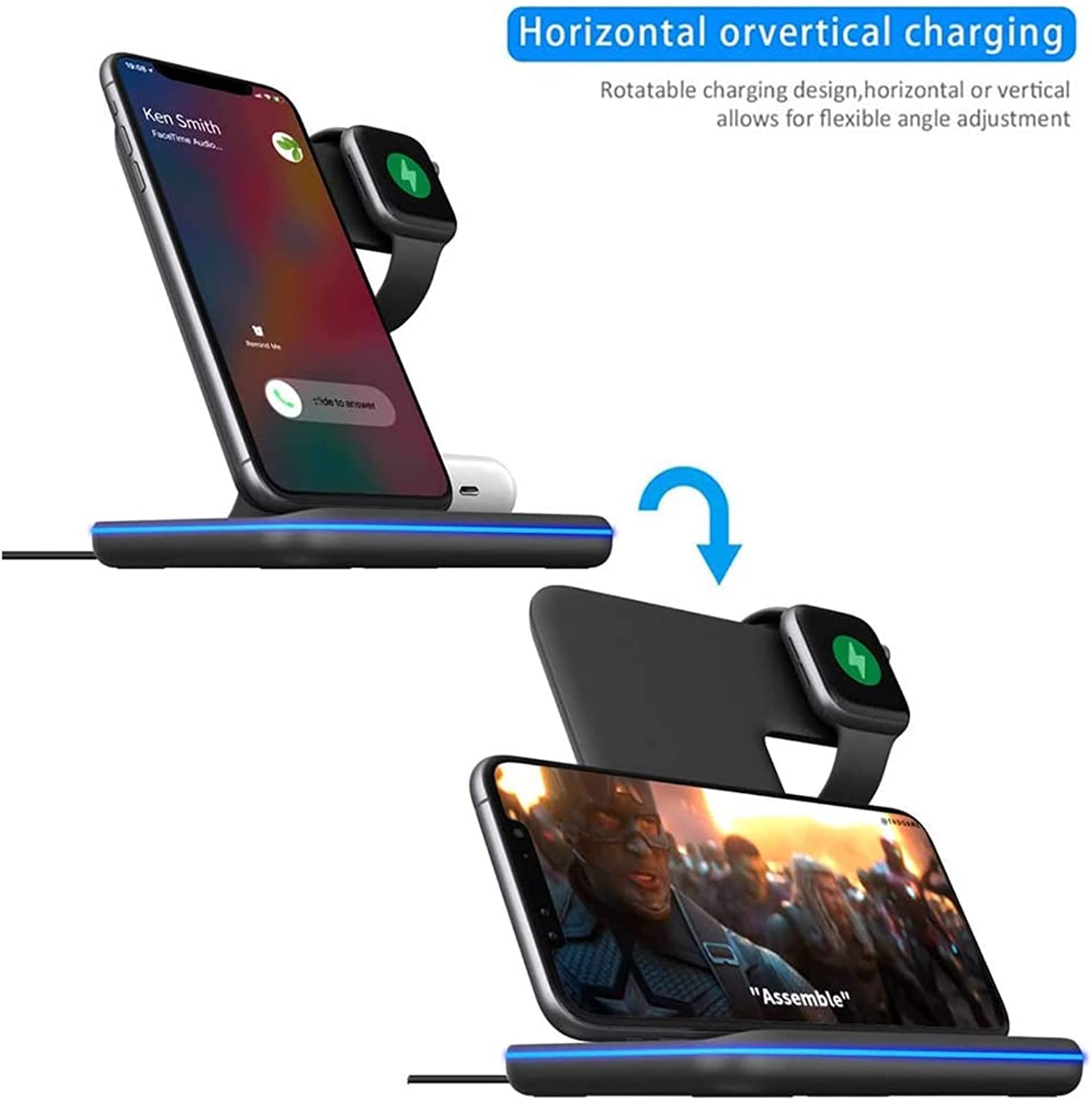 Wireless Charger, 15W Fast Wireless Charging Stand 3 IN 1 QI Charger Station for ios Watch, mobile Android/ios with wireless charging function