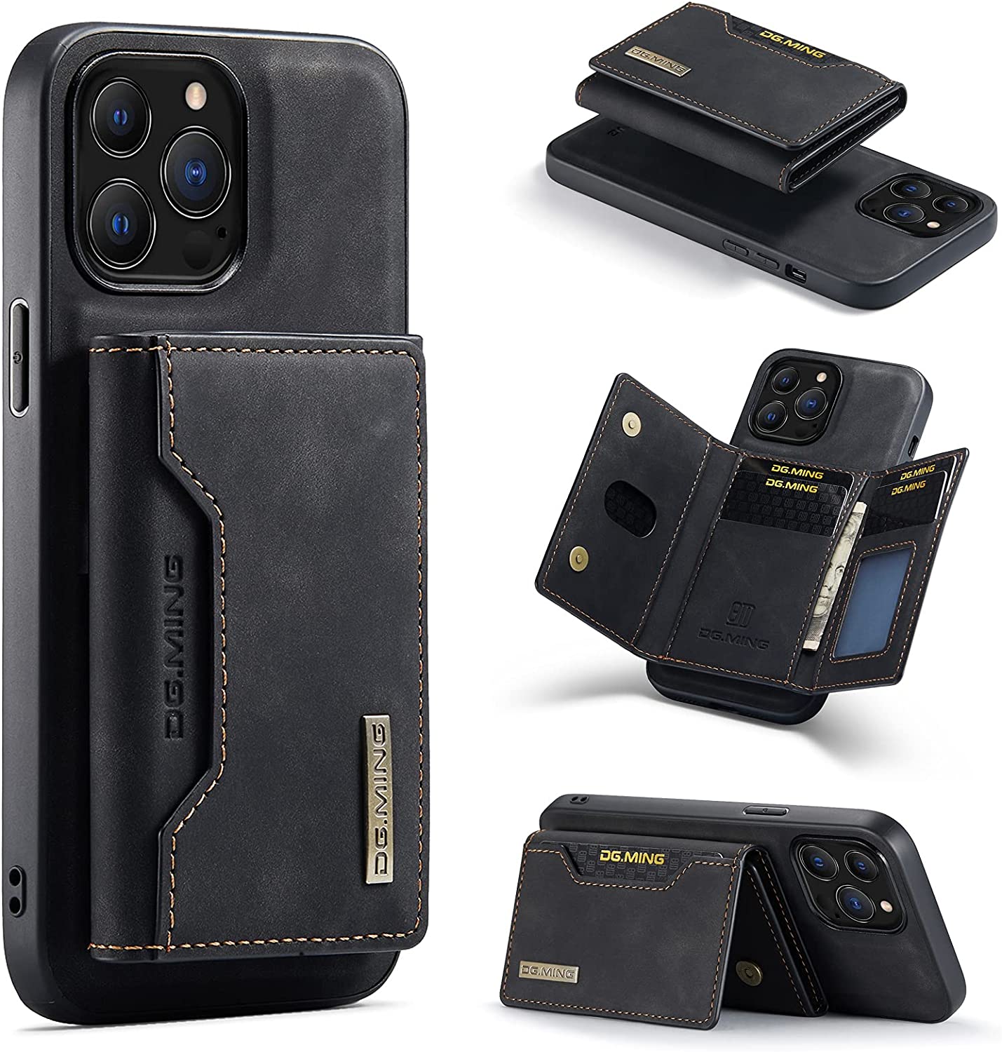 Wallet Case Compatible with iPhone 13 Pro Max DG.MING Premium Leather Phone Case Back Cover Magnetic Detachable with Trifold Wallet Card Holder Pocket (Black)