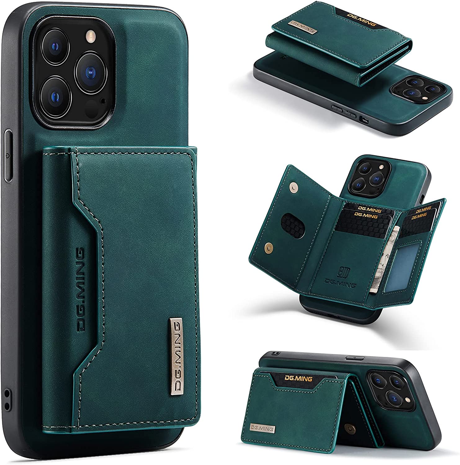 Wallet Case Compatible with iPhone 13 Pro Max DG.MING Premium Leather Phone Case Back Cover Magnetic Detachable with Trifold Wallet Card Holder Pocket (Green)
