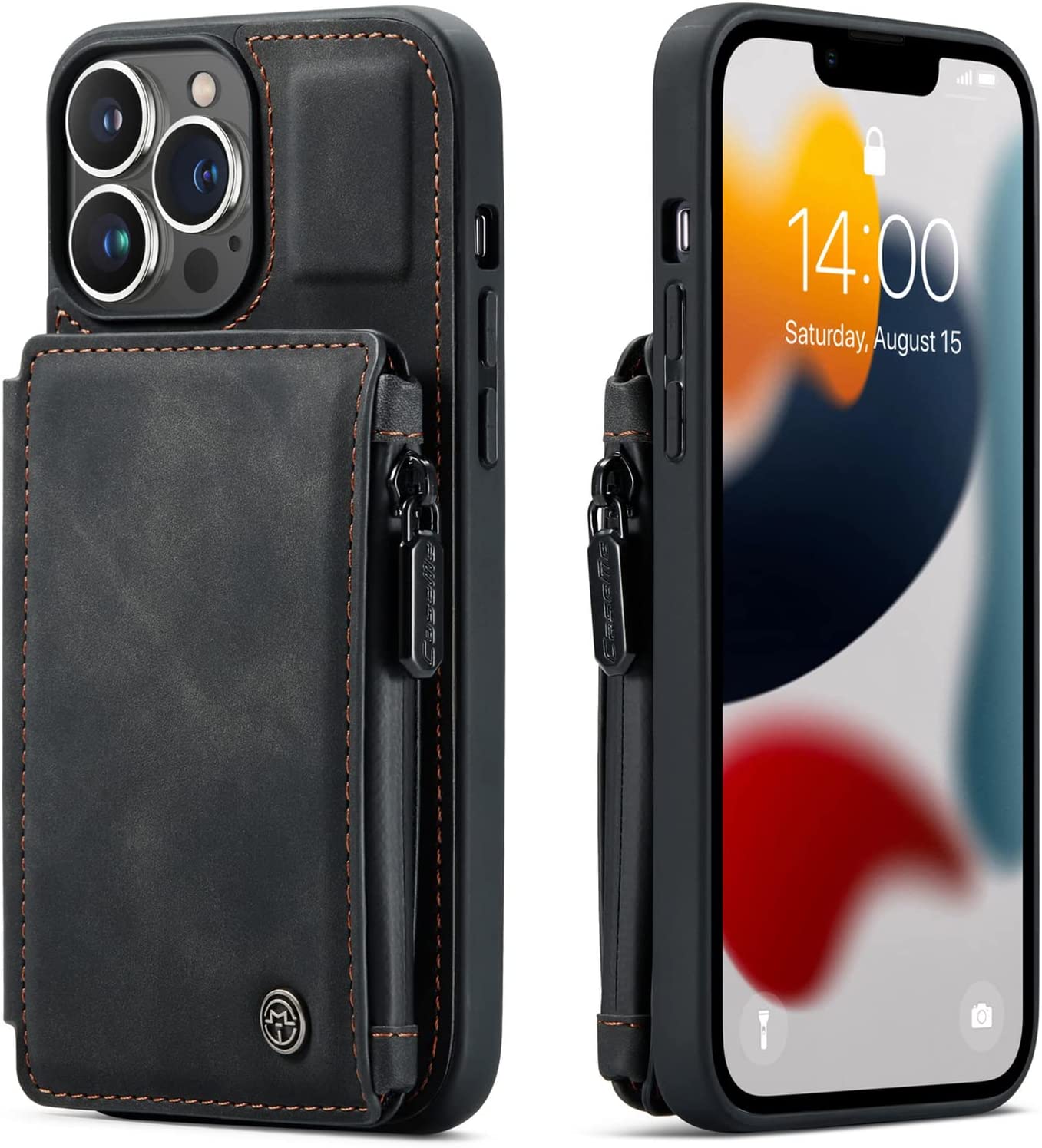 Caseme for iPhone 13 Pro Max 6.7 inch Double Magnetic Clasp Zipper Purse PU Leather Wallet Case with Credit Card Slot Holder Back Flip Cover Black