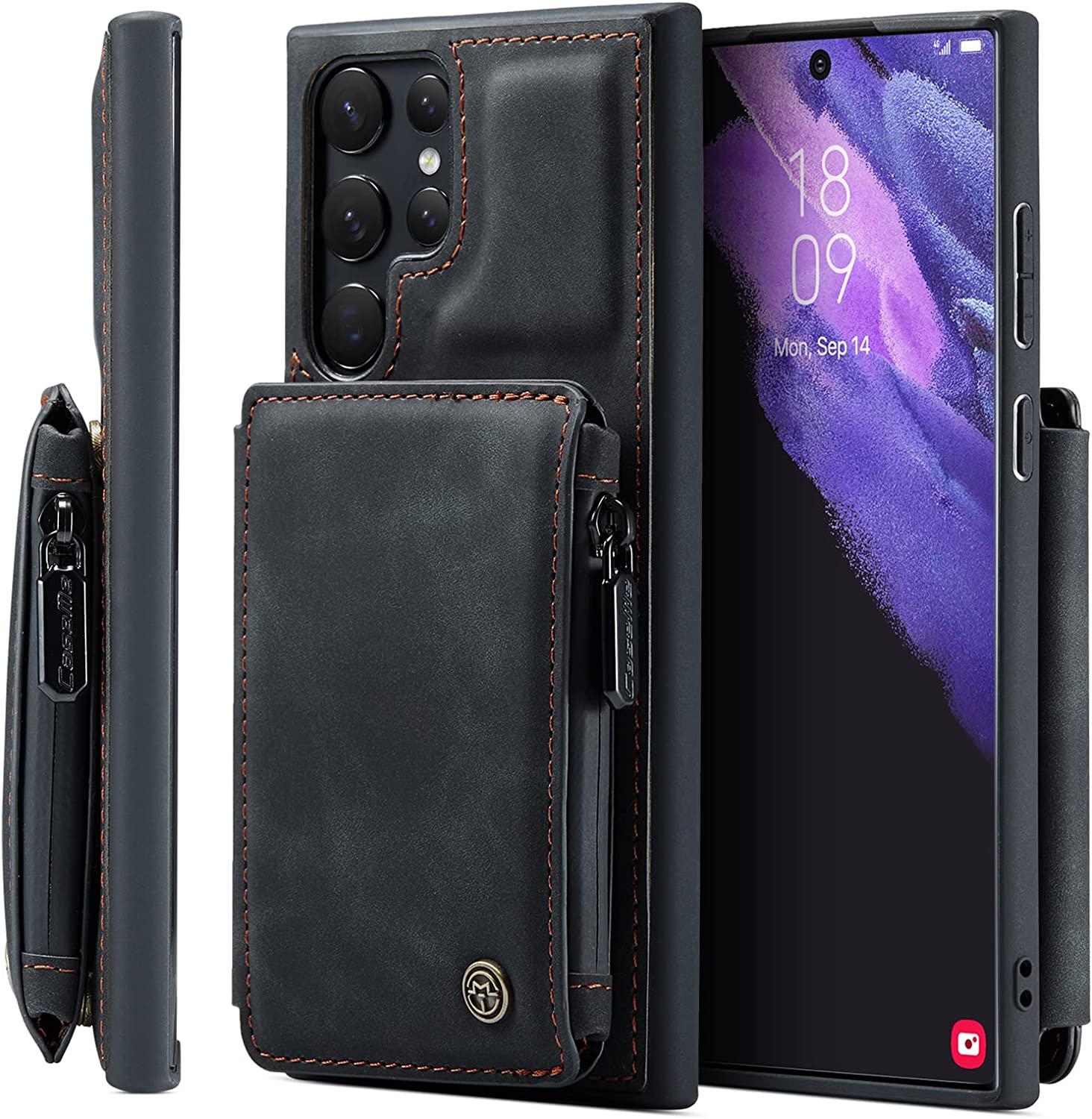 Caseme for Samsung Galaxy S22 Ultra Double Magnetic Clasp Zipper Purse PU Leather Wallet Case with Credit Card Slot Holder Back Flip Cover - Black